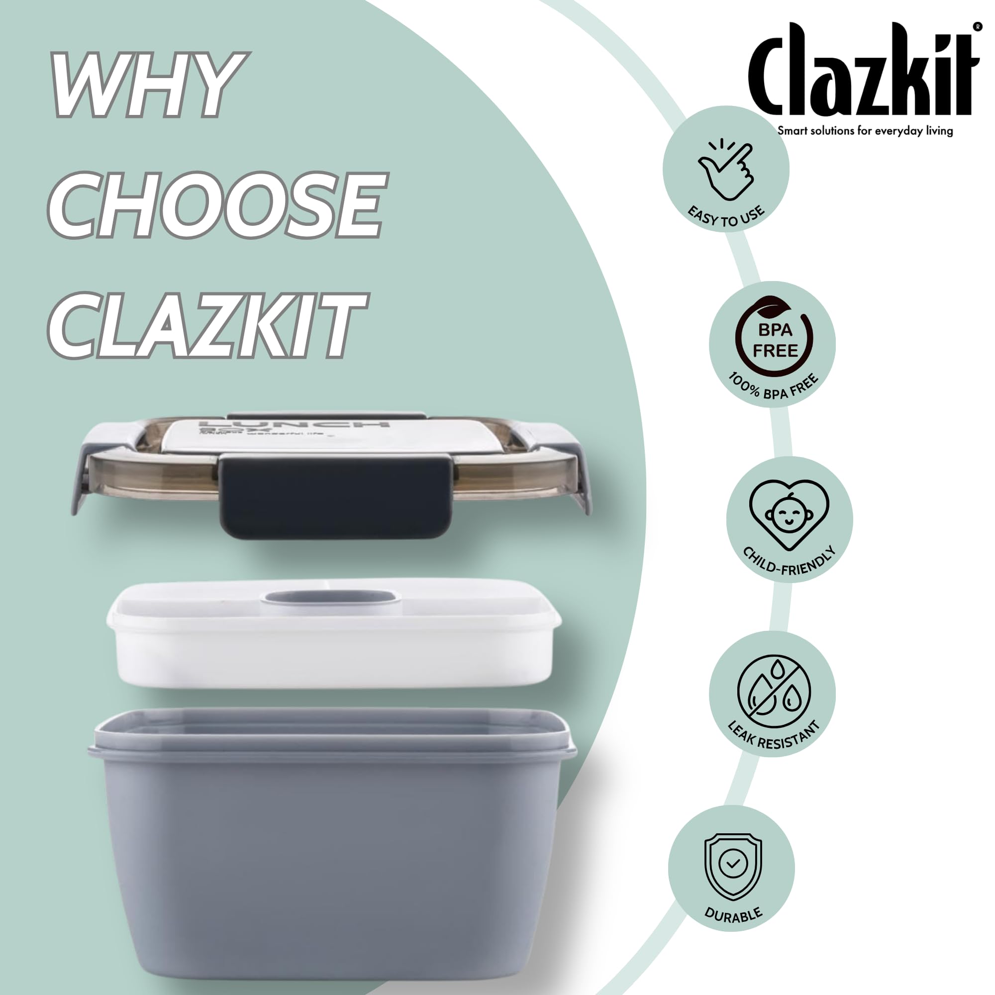 Clazkit Plastic Salad Lunch Box Container with Cutlery and Sauce Container with 5 Compartment Bento Style Tray Leak Proof Lunch