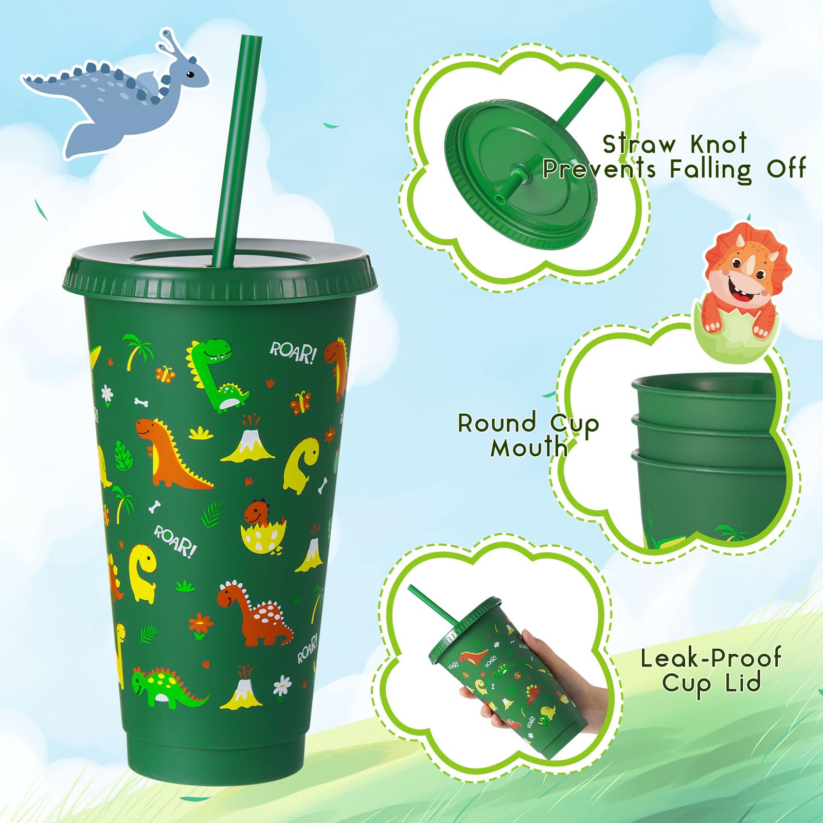 Uiifan 12 Pcs Plastic Dinosaur Cups for Kids 24oz Reusable Dino Tumbler with Lid and Straw Dino Party Favors Drinking Cups for K