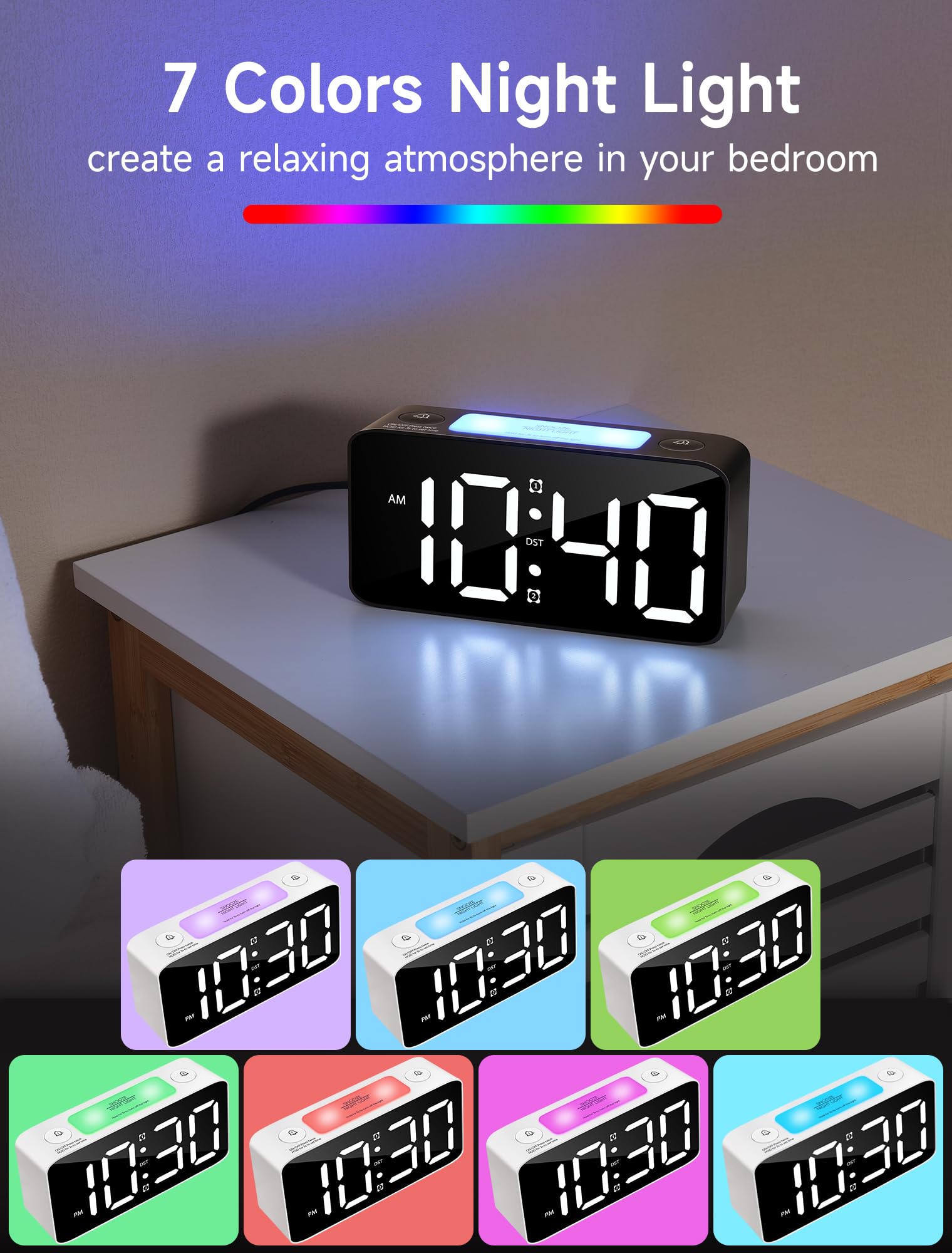 LED Alarm Clock with Snooze, Easy to Set, 4 Levels Dimmer, Adjustable Volume, USB Charger, 12/24Hr,7 Color Night Light,Compact D
