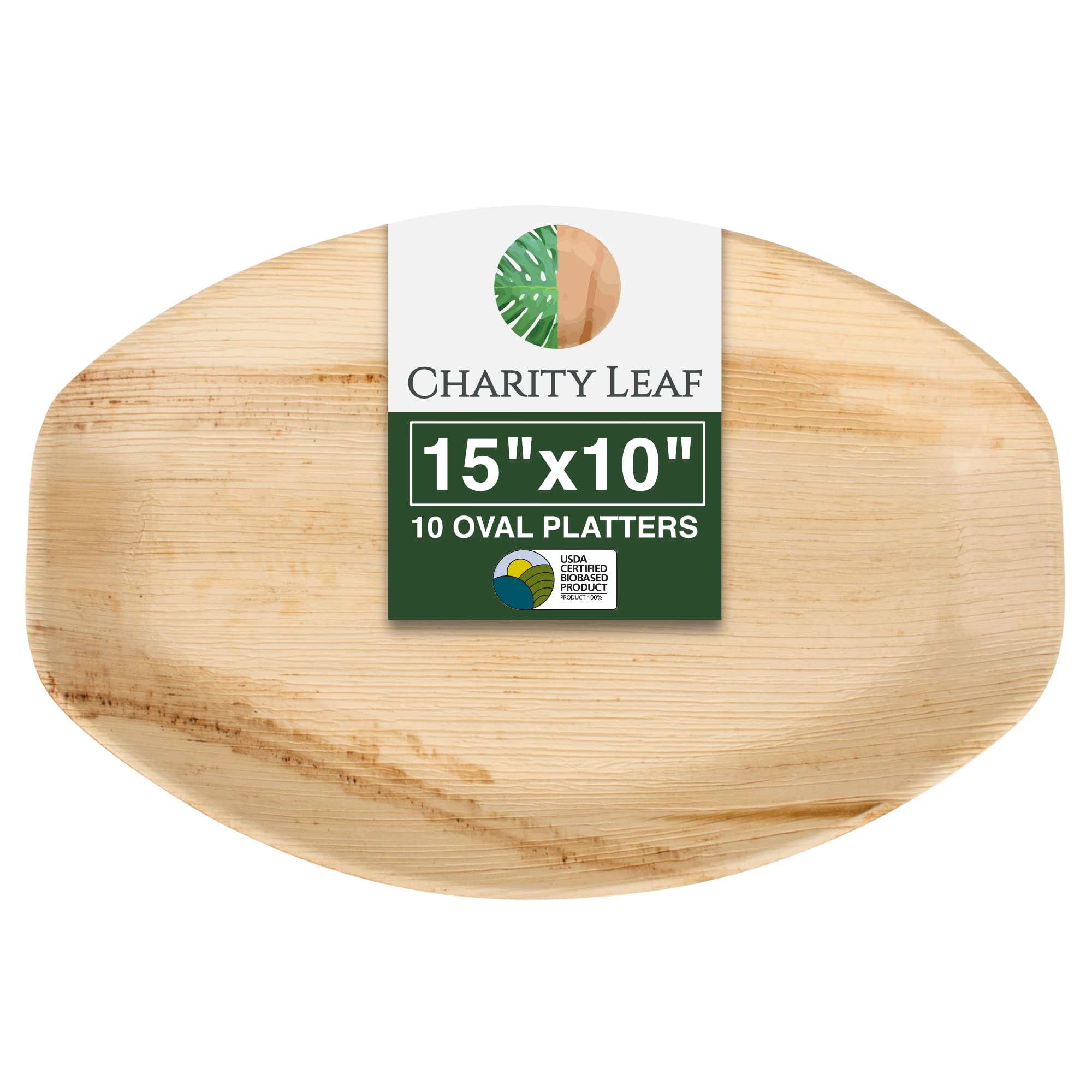 Charity Leaf Disposable Palm Leaf 15'' X 10'' Trays (10 Pieces) Bamboo Like Serving Platters, Disposable Boards, Eco-Friendly Di