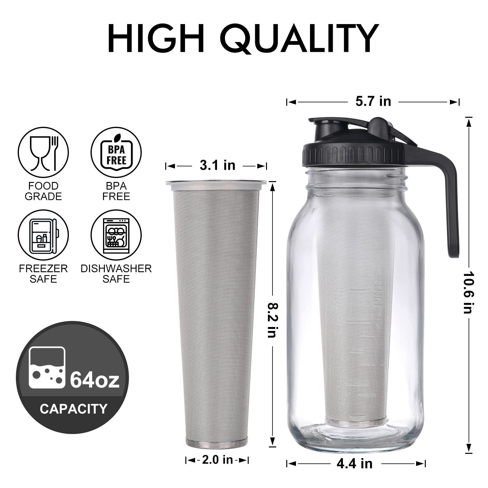 Cold Brew Mason Jar Iced Coffee Maker, Durable Glass, - 64 Oz (2 Quart / 1.9 Liter), With Handle& Stainless Steel Filter For Ice