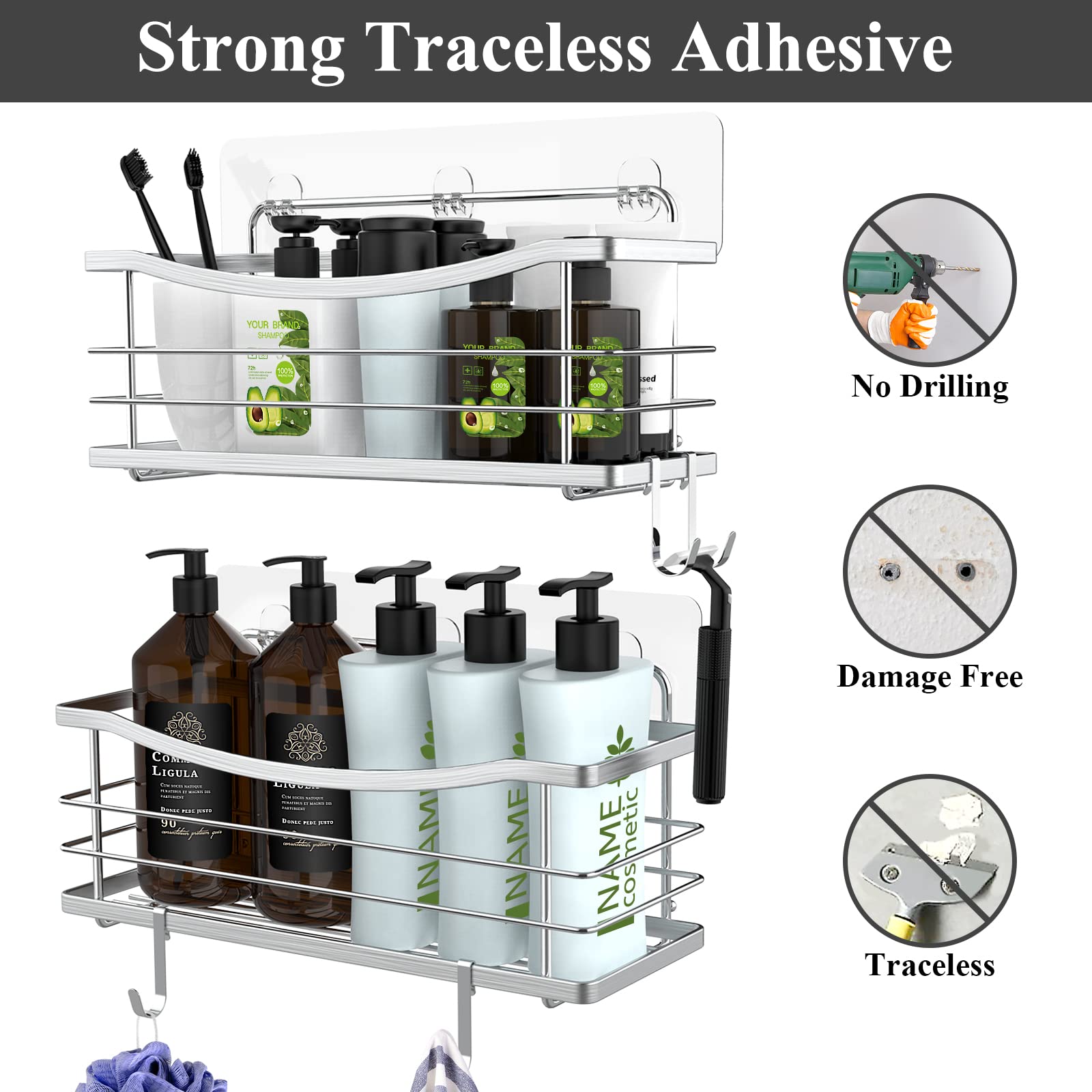 Odesign Shower Caddy 3 Pack-Shower Organizer Shelves Rack Rustproof Sus304 Stainless Steel For Bathroom Storage&Kitchen-No Drill
