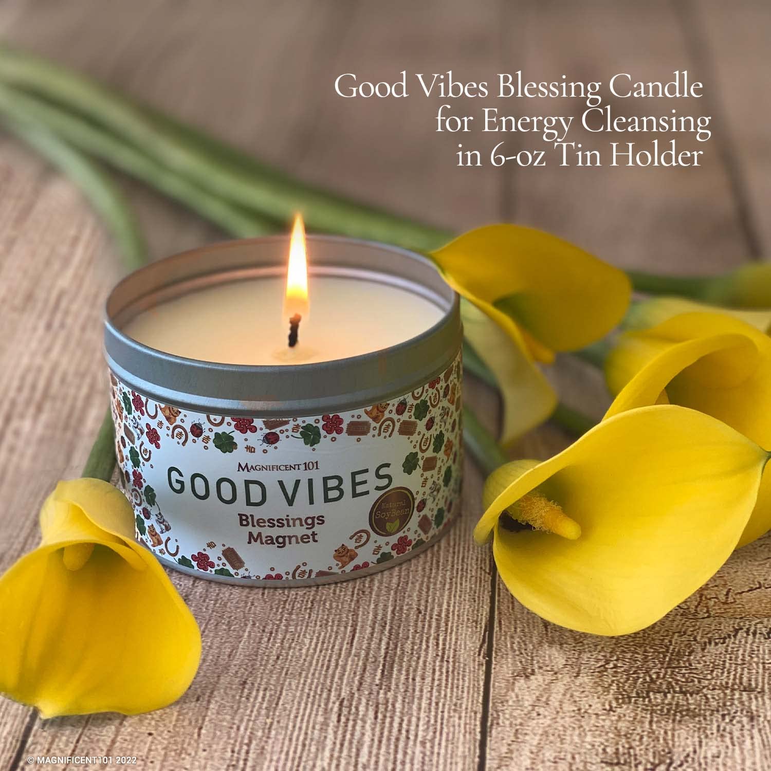 MAGNIFICENT 101 Good Vibes Aromatherapy Candle as Blessings Magnet - Sage, Bergamot, Sandalwood Scented Natural Soybean Wax Tin