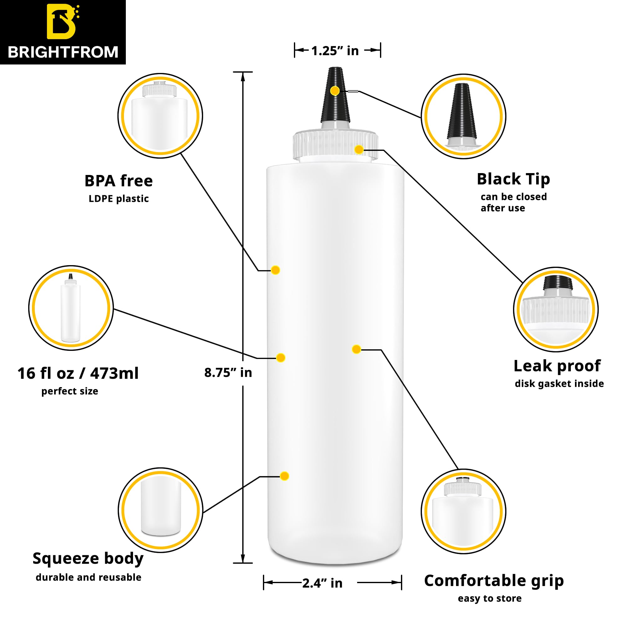 Brightfrom Condiment Squeeze Bottles 16 Oz Wide Neck, Empty Squirt Bottles - Removable Top-Cap, Leak Proof For Ketchup, Mustard,