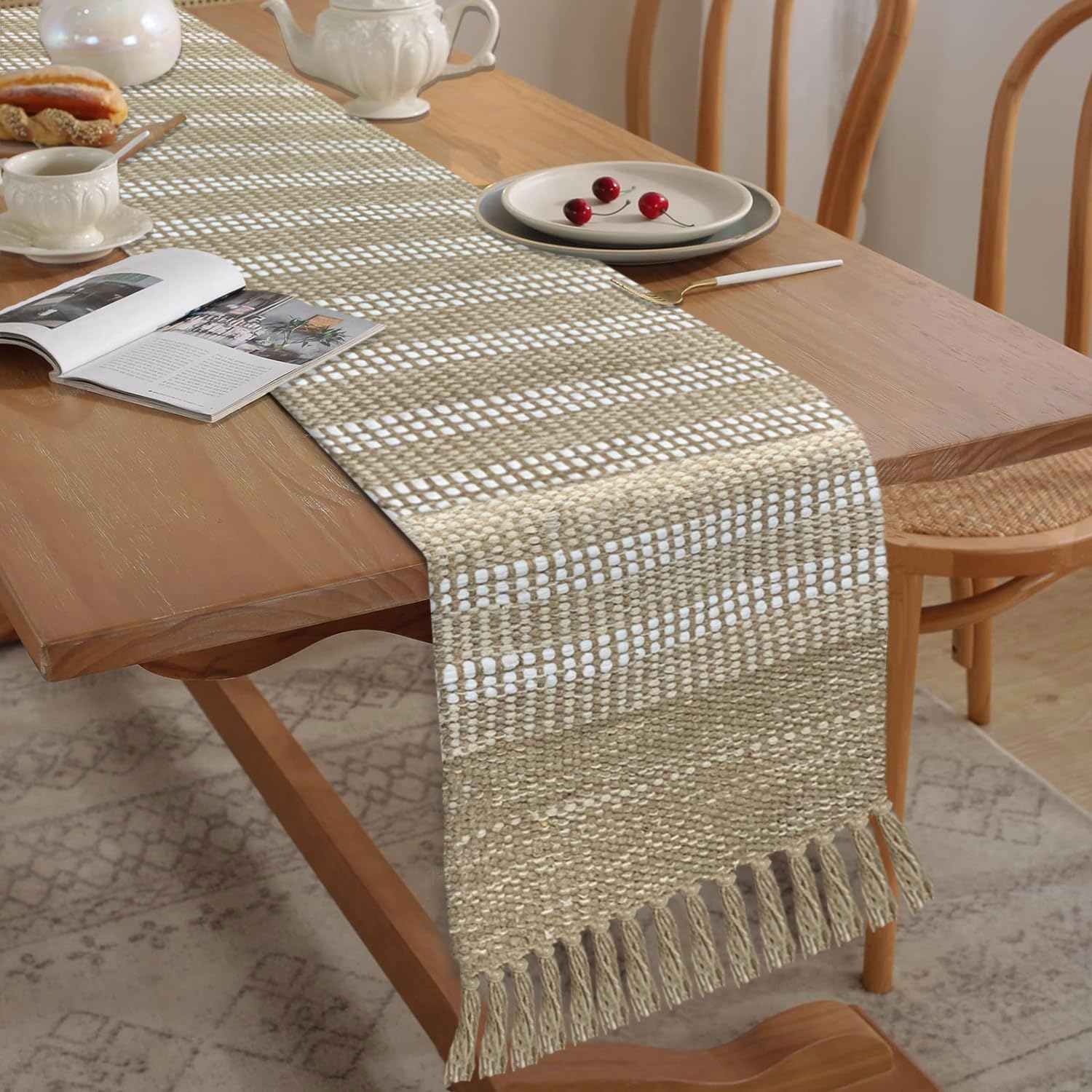 Luxe Home Elegant Beige and White Woven Table Runner with Tassels  Mix Cotton Jute 13 x 72 Inch, Stripe  Perfect for Dining Ta