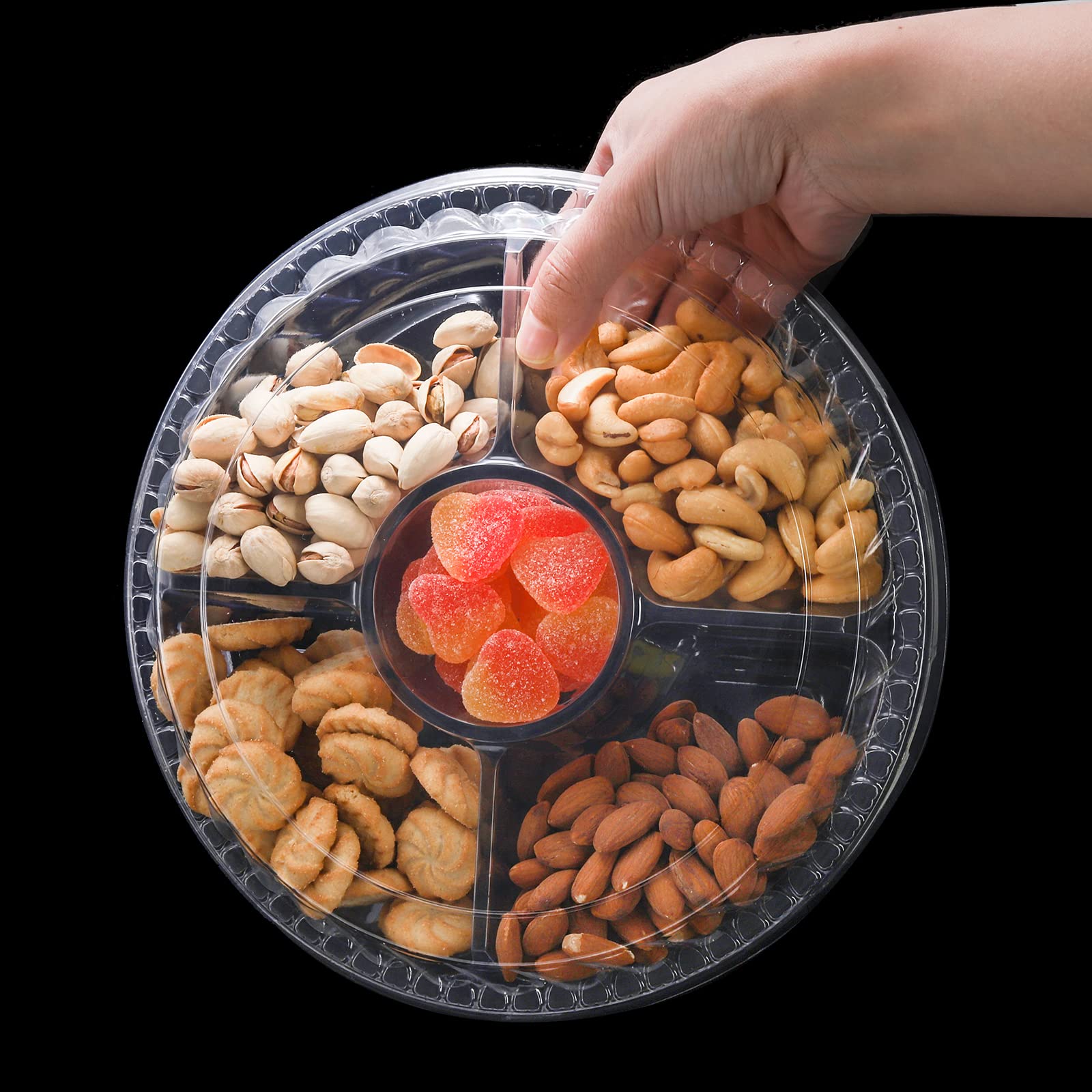 Lyellfe 30 Pack Plastic Appetizer Tray With Lid, Disposable Veggie Fruit Snack Tray With 5 Compartment, 9.5 Inch Heavy Duty Clea