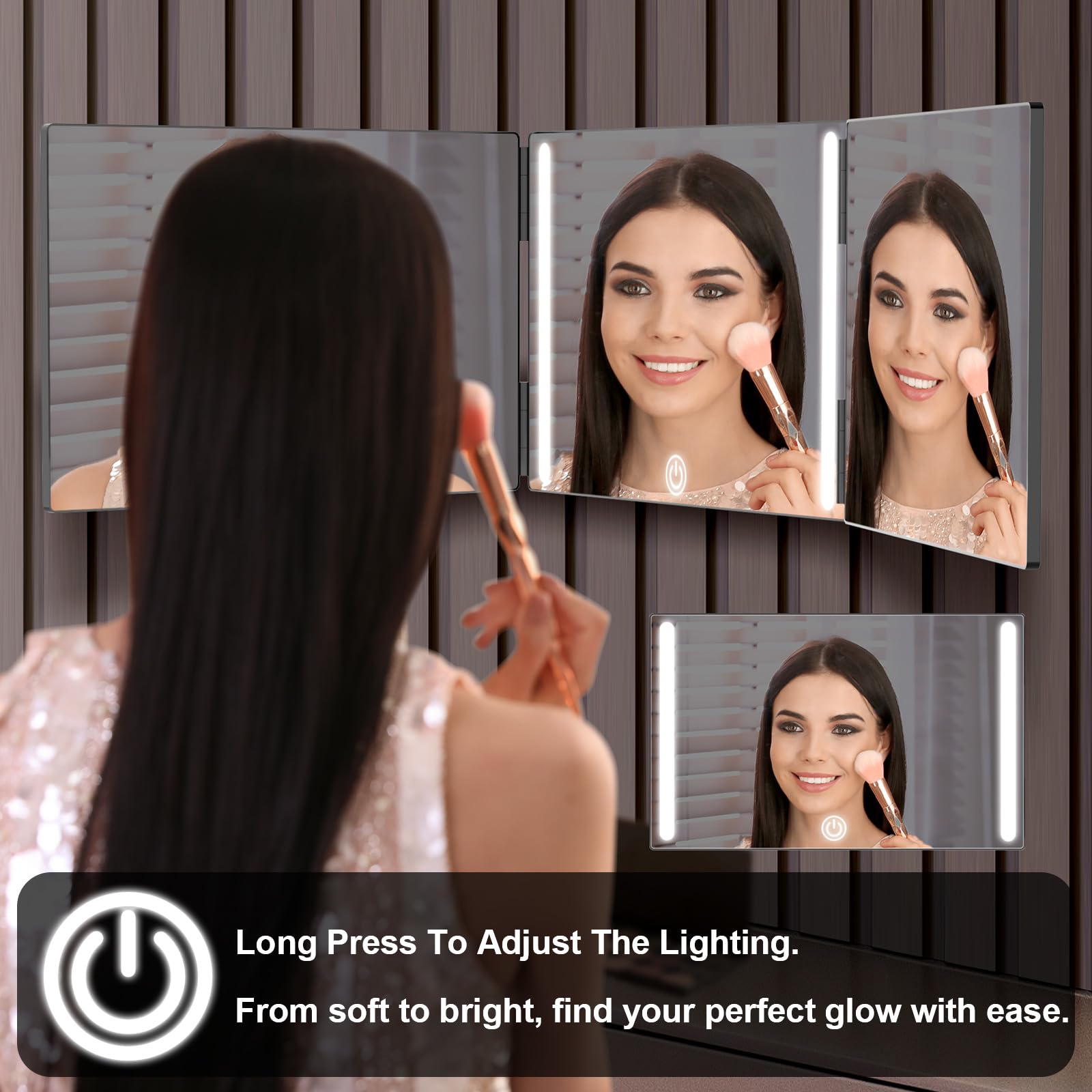 Olibuy 3 Way Mirror With Led For Hair Cutting, Tri-Fold Mirror For Shaver And Makeup, Adjustable Telescoping Hooks-With Led Vers