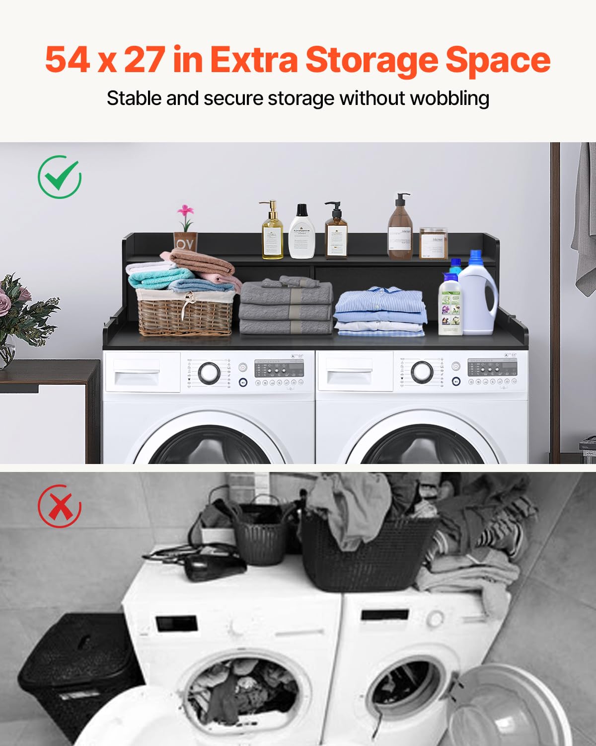 Vevor 2 Drawers Washer Dryer Countertop With Shelf, 54 X 27 Wooden Laundry Countertop With 2 Hooks & Non-Slip Pads, Washer A
