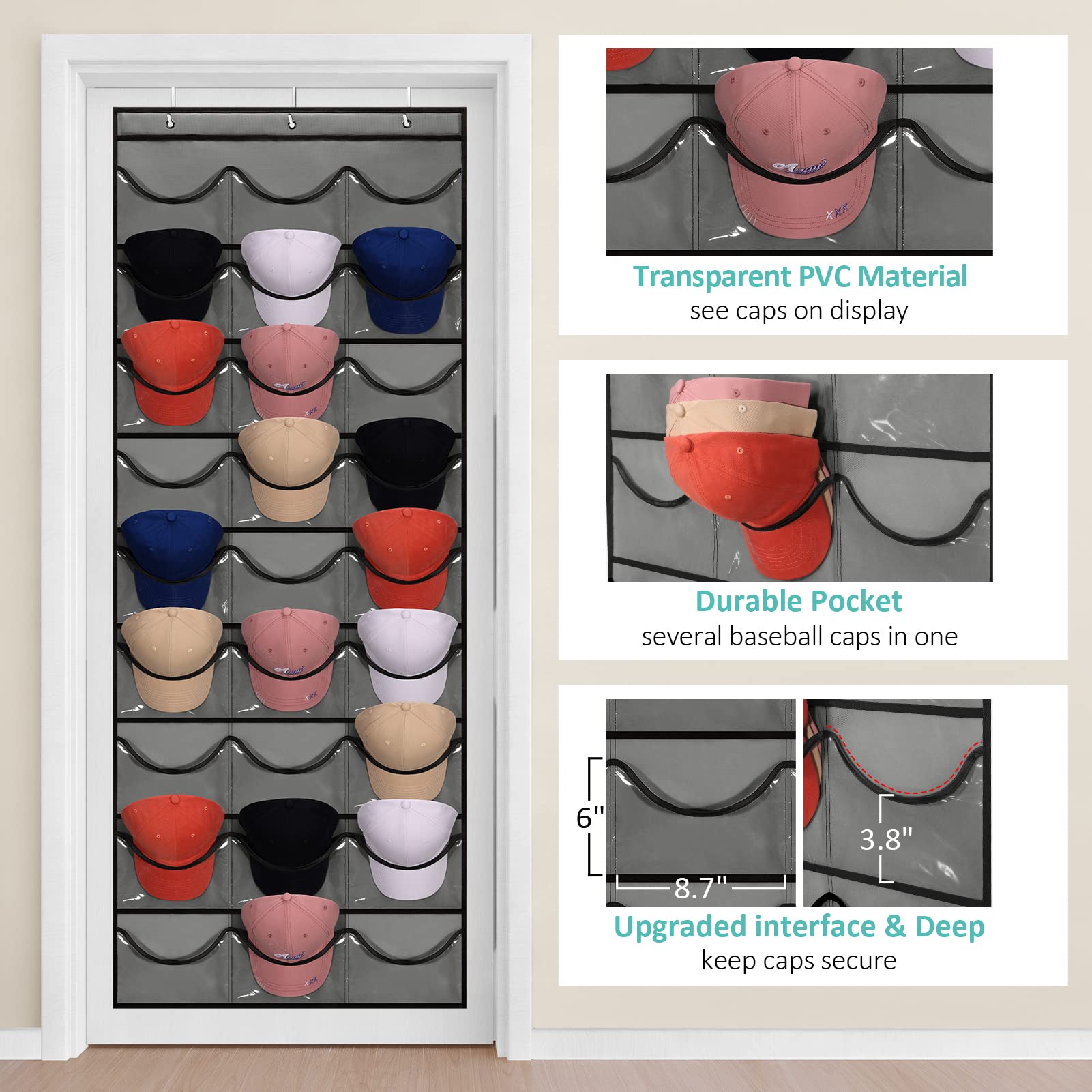 27 Pockets Hat Rack For Baseball Caps Hanging Hat Organizer Over The Door Hat Storage Organizer For Closet Wall With Large Clear