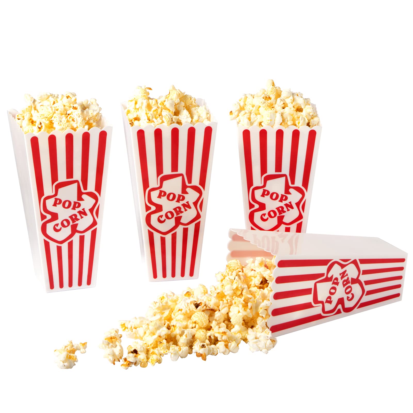 Plastic Popcorn Containers Red & White Striped Retro Style Reusable Popcorn Boxes for Movie Night 4   x8    - 6 Pack