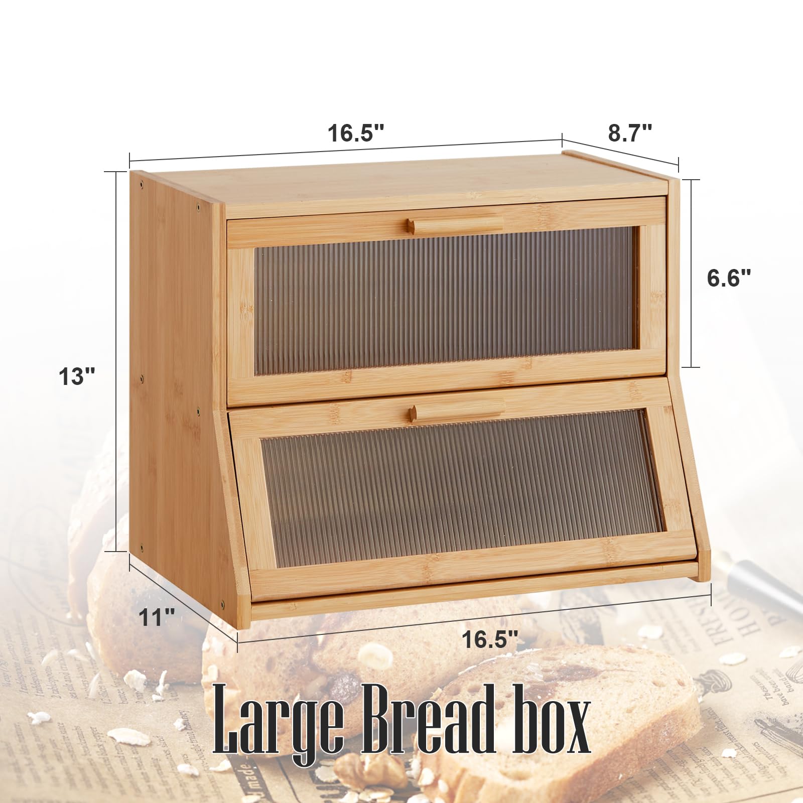 GHWIE Bamboo Bread Box, Large Capacity Storage Bin with Acrylic Wavy Door, Medium Size, Natural Color, Model 520-CH-DTXMBX-YS