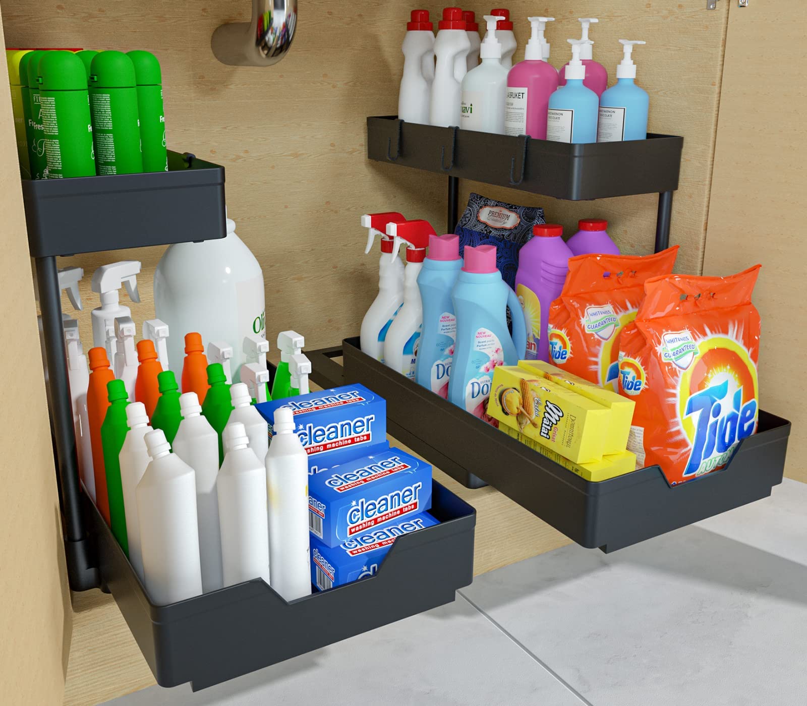 2-Tier Under Sink Organizers, 2 Pack Sliding L-Shape Cabinet Organizers Narrow Space Storage Multi-Purpose Sink Organizer For Ba