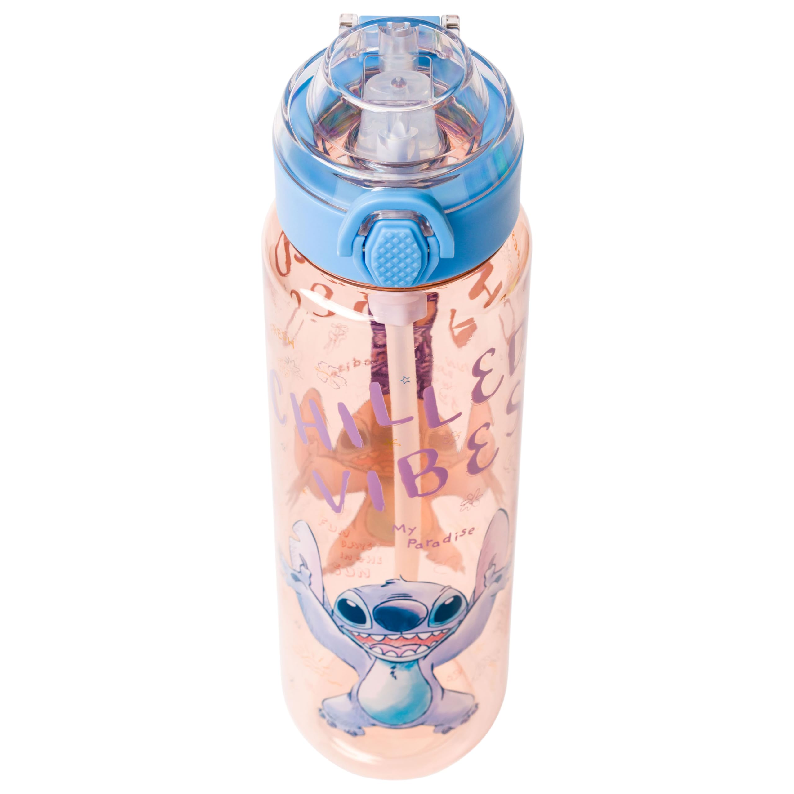 Silver Buffalo Disney Lilo And Stitch Chilled Vibes Plastic Water Bottle With Locking Lid, Strap, And Straw, 33 Ounces