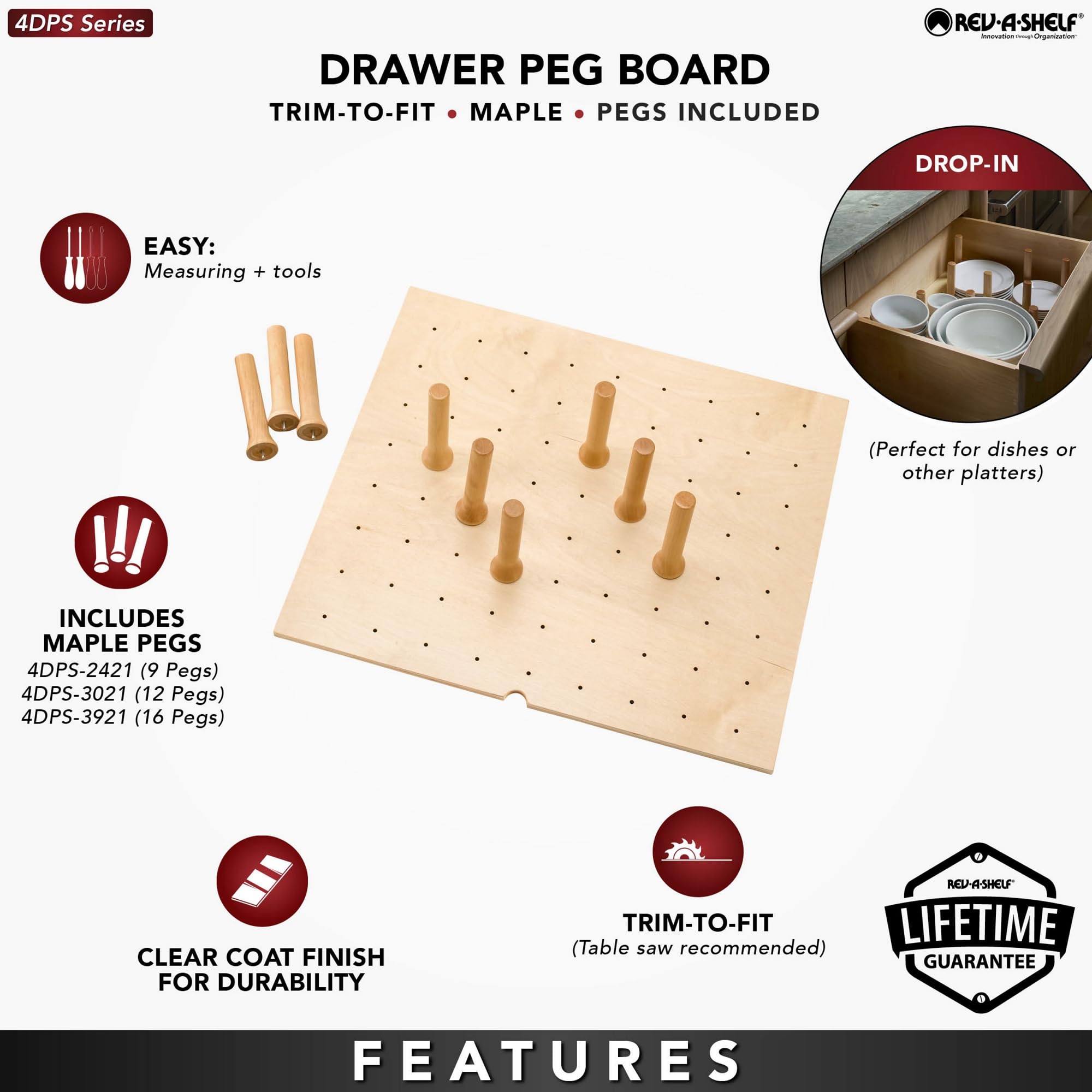 Rev-A-Shelf Trimmable Pegboard Drawer Divider Organizer, Trim To Fit Wooden Kitchen Cabinet Storage Utensil, Pots & Dish Rack, 3