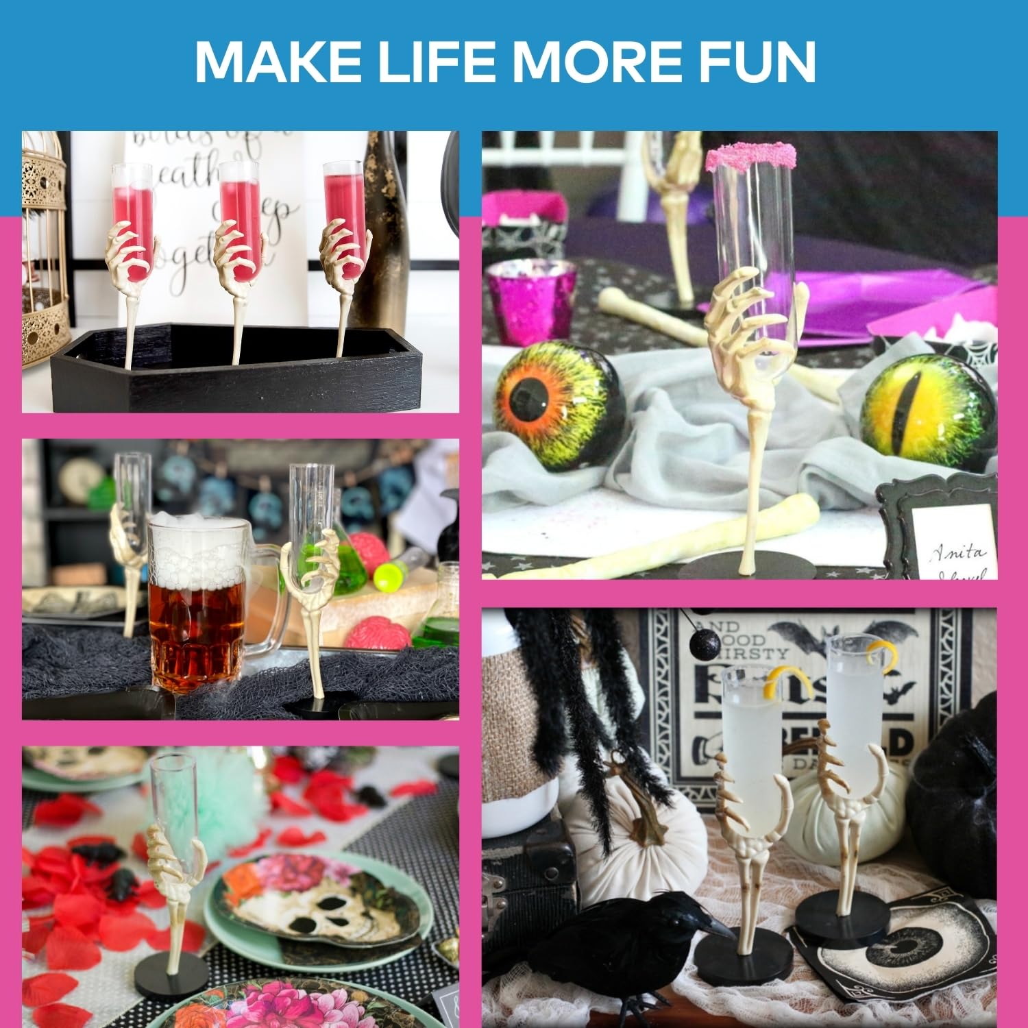 Fun Express Set Of 12 Pieces Skeleton Hand Flute Glasses, Holds 2 Oz, Bpa Free Plastic, Halloween Party Decorations