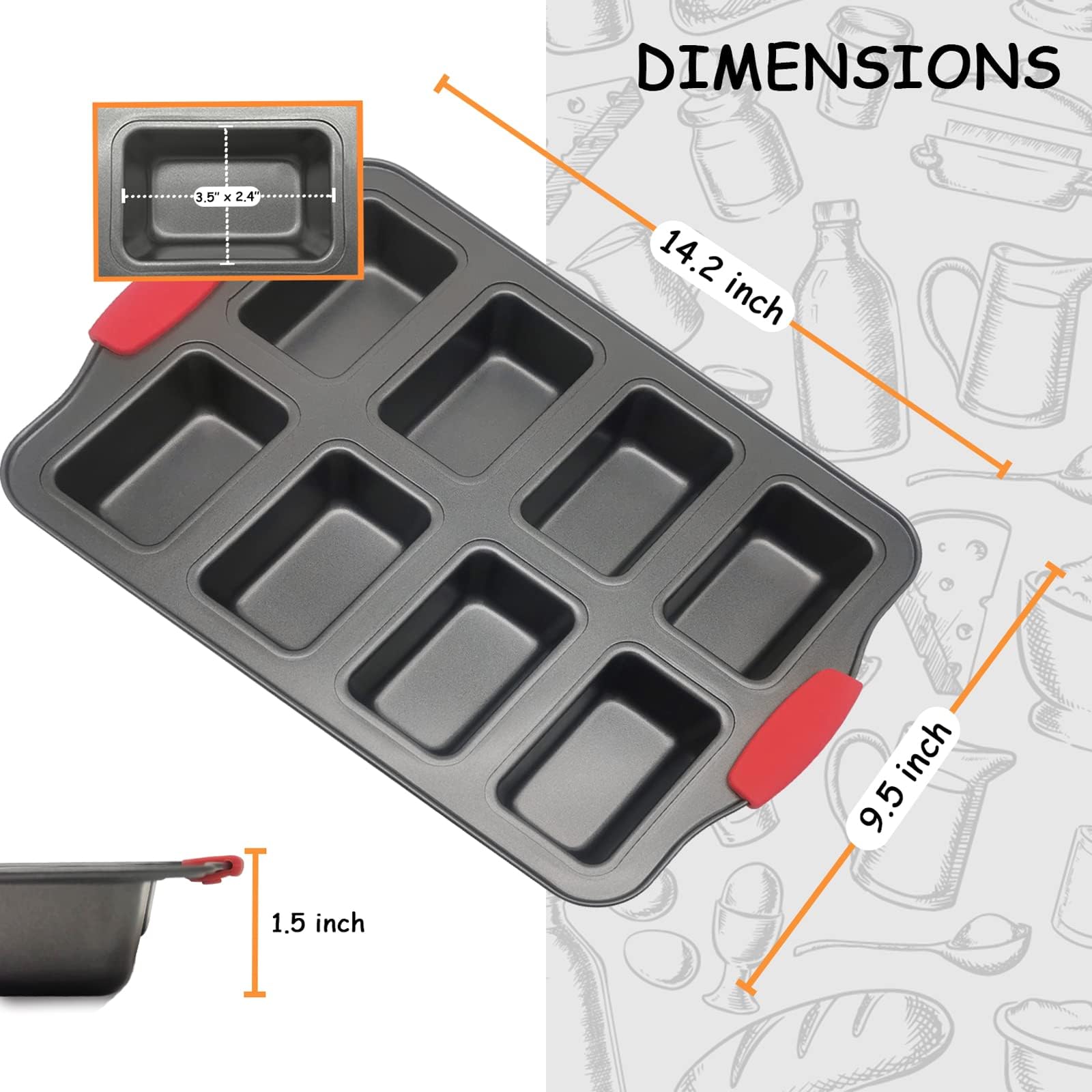 Nbftltop Mini Loaf Pans Nonstick, Bread Loaf Pan With Silicone Handle,8 Cavity, Carbon Steel,Non-Toxic & Easy Cleanup, Gray,2 Pa