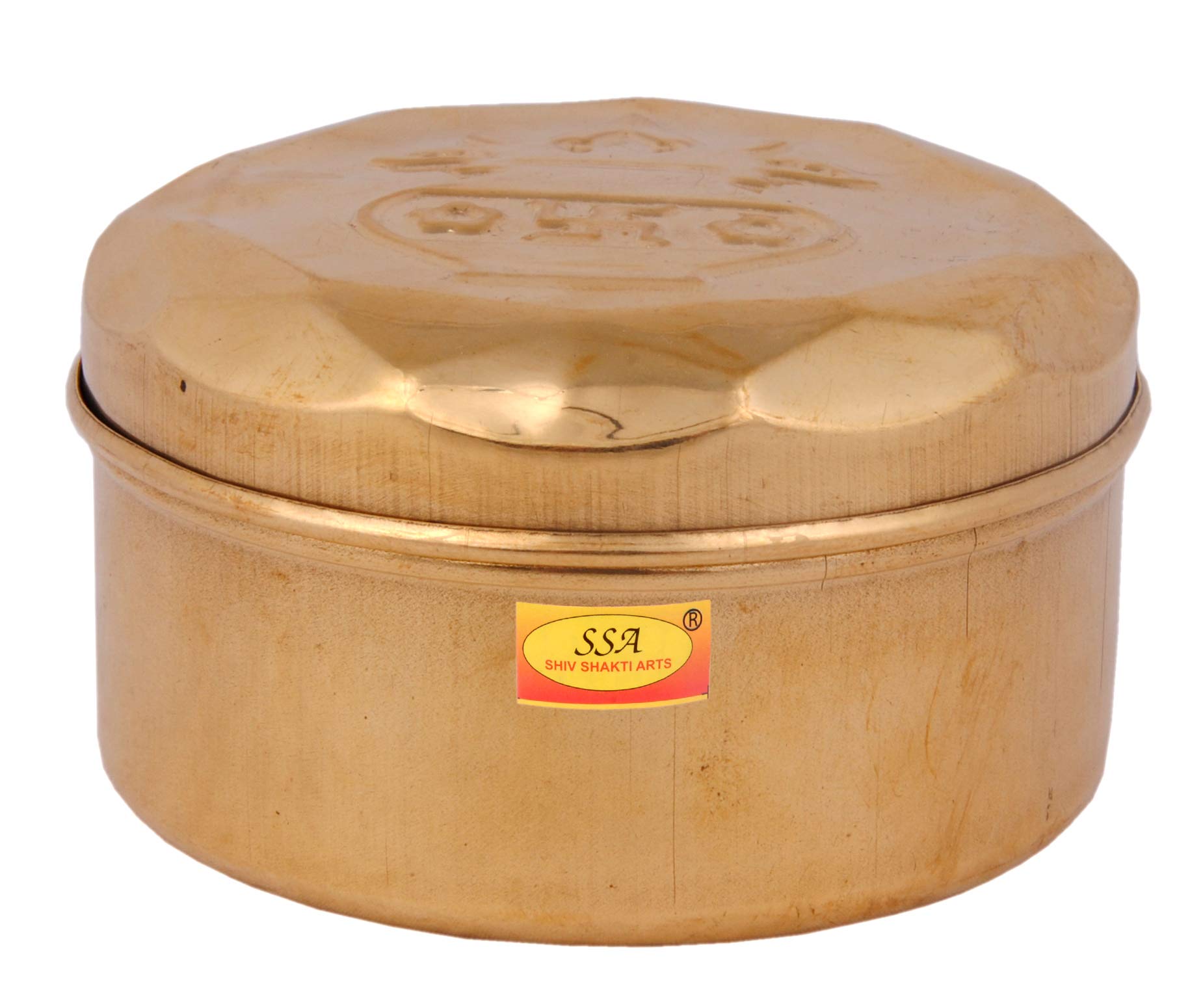 Shiv Shakti Arts Pure Brass Box - Small Mandir Roli / Chawal / Chandan /Kumkum Puja Box / Dibbi With 5 Containers (Small | Diame