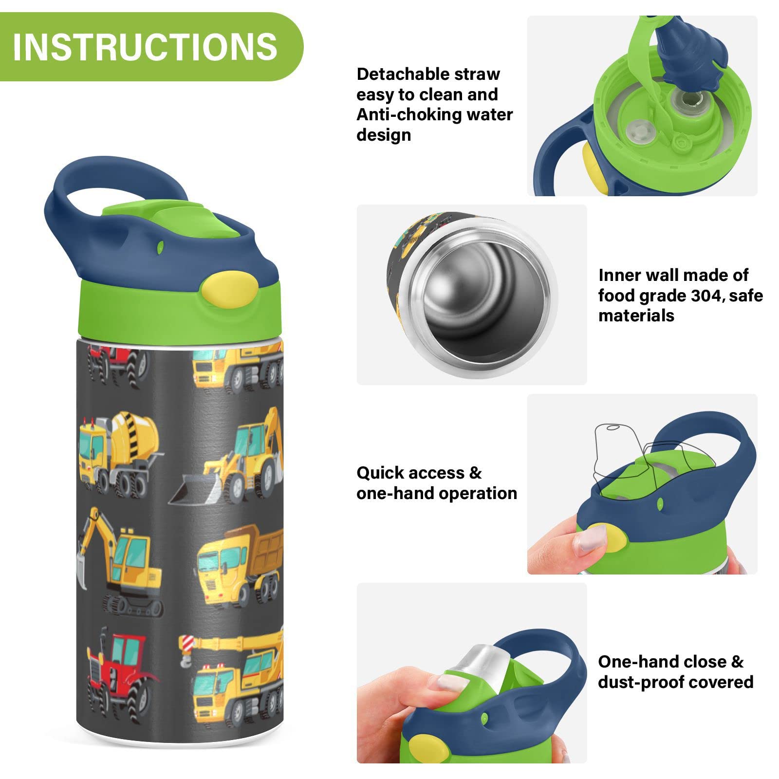 Boccsty Yellow Tractor Truck Kids Water Bottle With Straw Lid Car Insulated Stainless Steel Reusable Tumbler For Boys Girls Todd