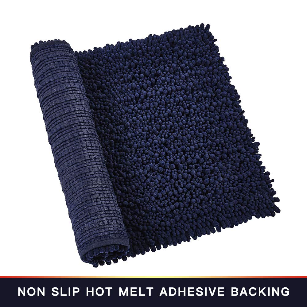 Walensee Bathroom Rug Non Slip Bath Mat (24x17 Inch Navy) Water Absorbent Super Soft Shaggy Chenille Machine Washable Dry Extra Thick Perfect Absorbant Best Small Plush Carpet for Shower Floor
