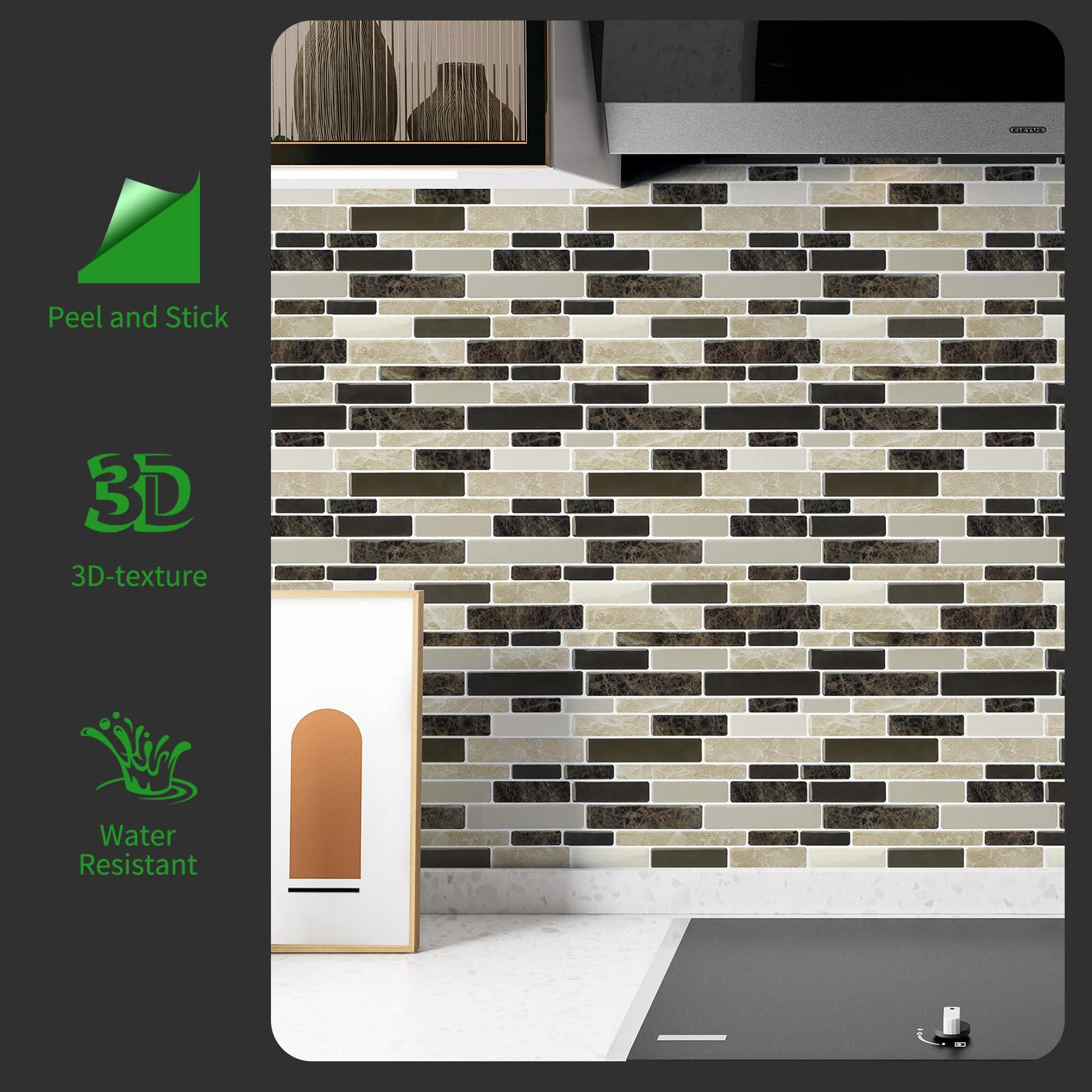 LONGKING 10-Sheet Brown Peel and Stick Backsplash Tile for Kitchen  Vinyl Stick on Tile Stickers for Wall  Kitchen  Bathroom  Counter Top
