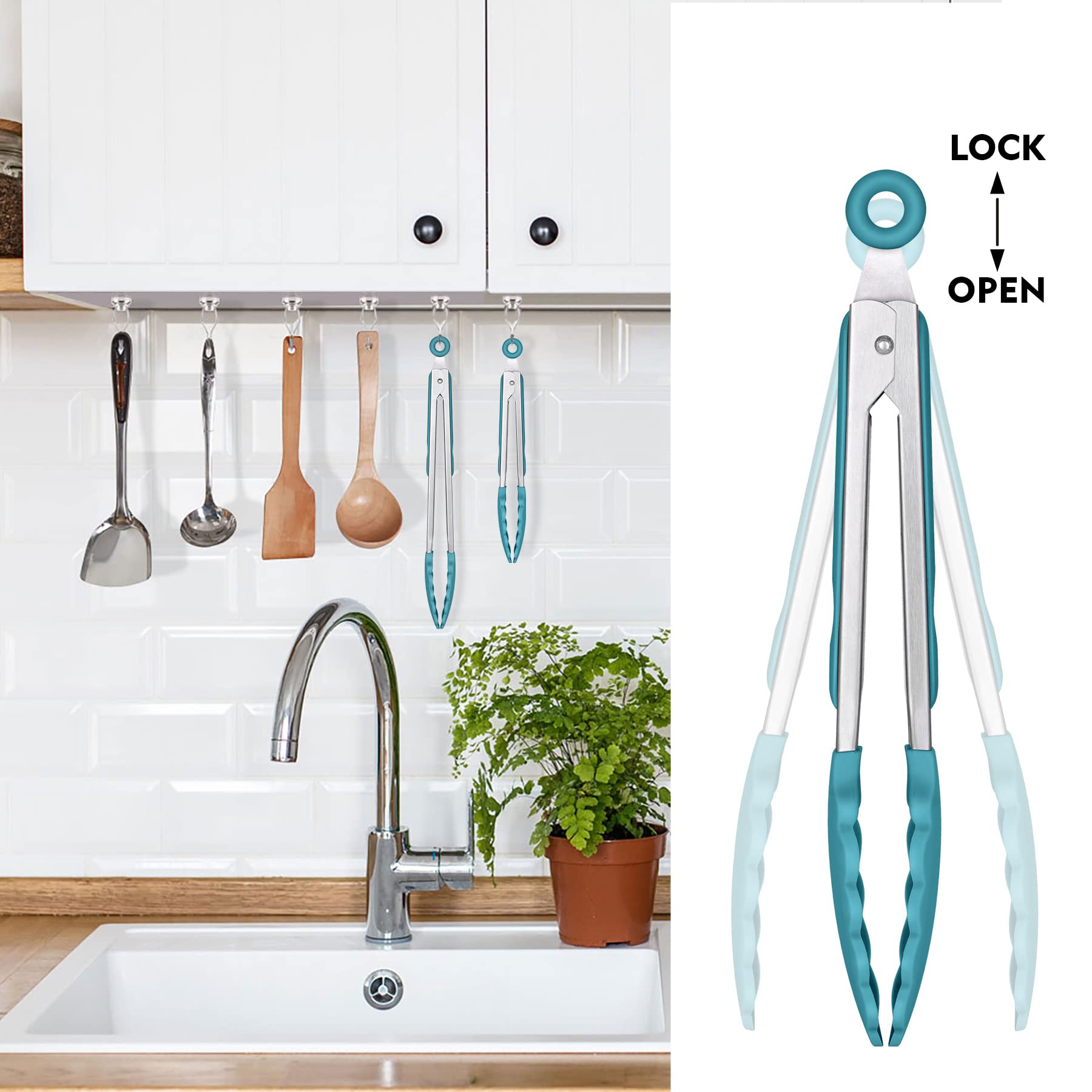 Hotec Premium Stainless Steel Locking Kitchen Tongs With Silicon Tips, Set Of 2-9'' And 12'', Turquoise
