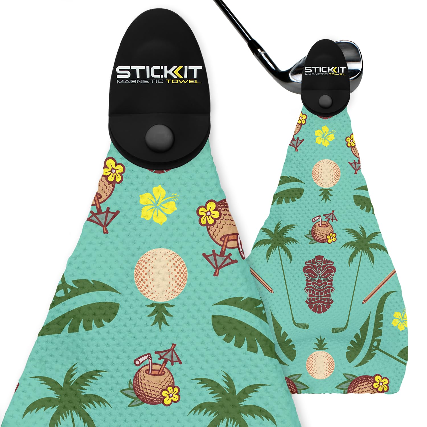 Stickit Magnetic Golf Towel, Teal Tiki  Top-Tier Microfiber Golf Towel With Deep Waffle Pockets  Industrial Strength Magnet For