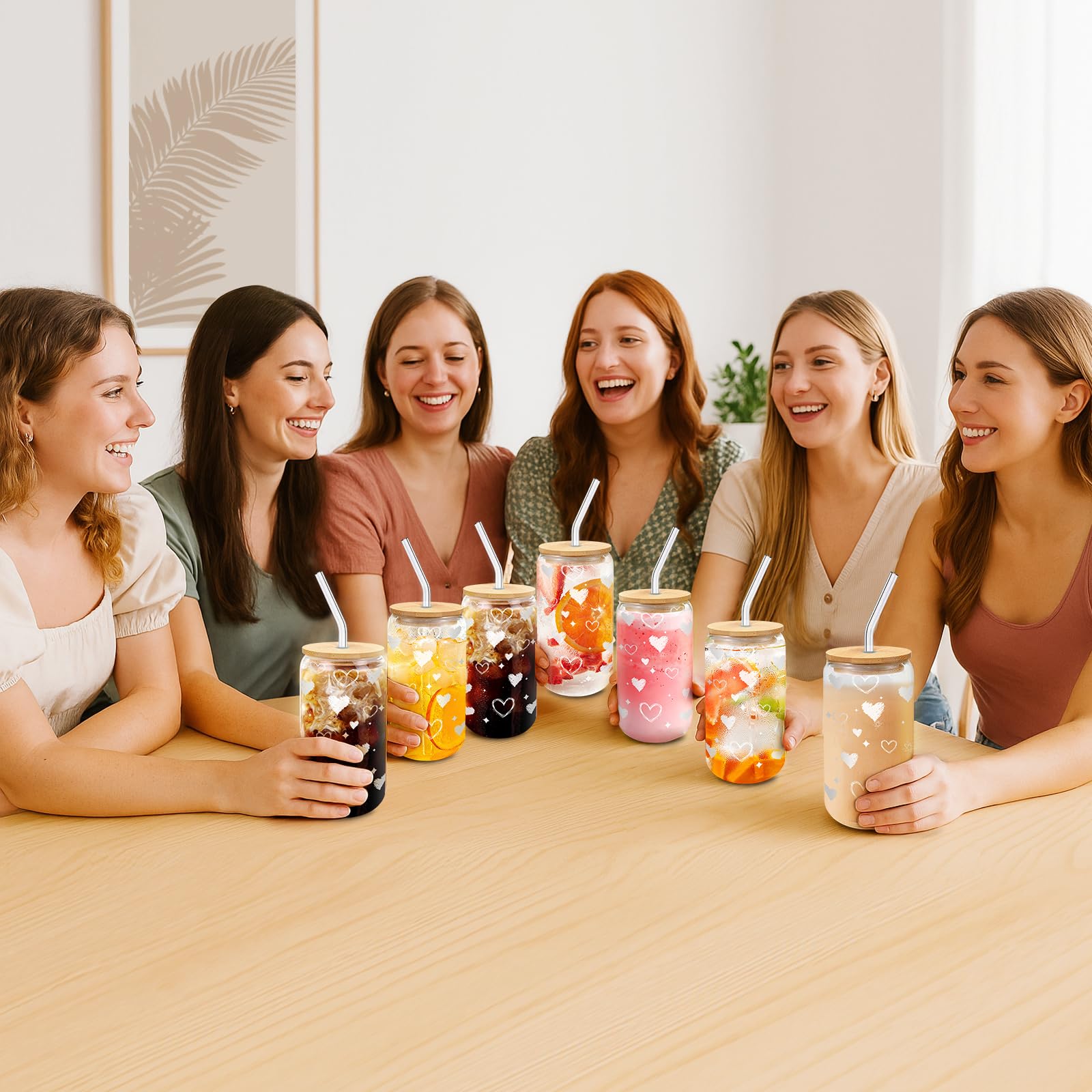 DAMCONME Glass Cups with Lids and Straws - 16oz Iced Coffee Tumblers, Heart Glass Cup Set of 6 for Cold Drinks, Brunch, Girls Ni