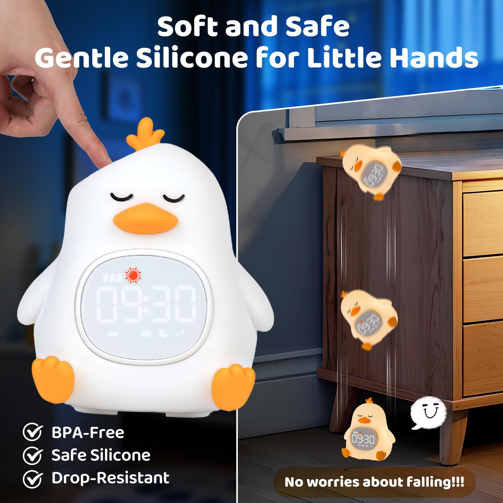 Sleepy Duck Alarm Clock with Night Light for Kids with Sleep Training and Sound Machine, Rechargeable Silicone Lamp OK to Wake C