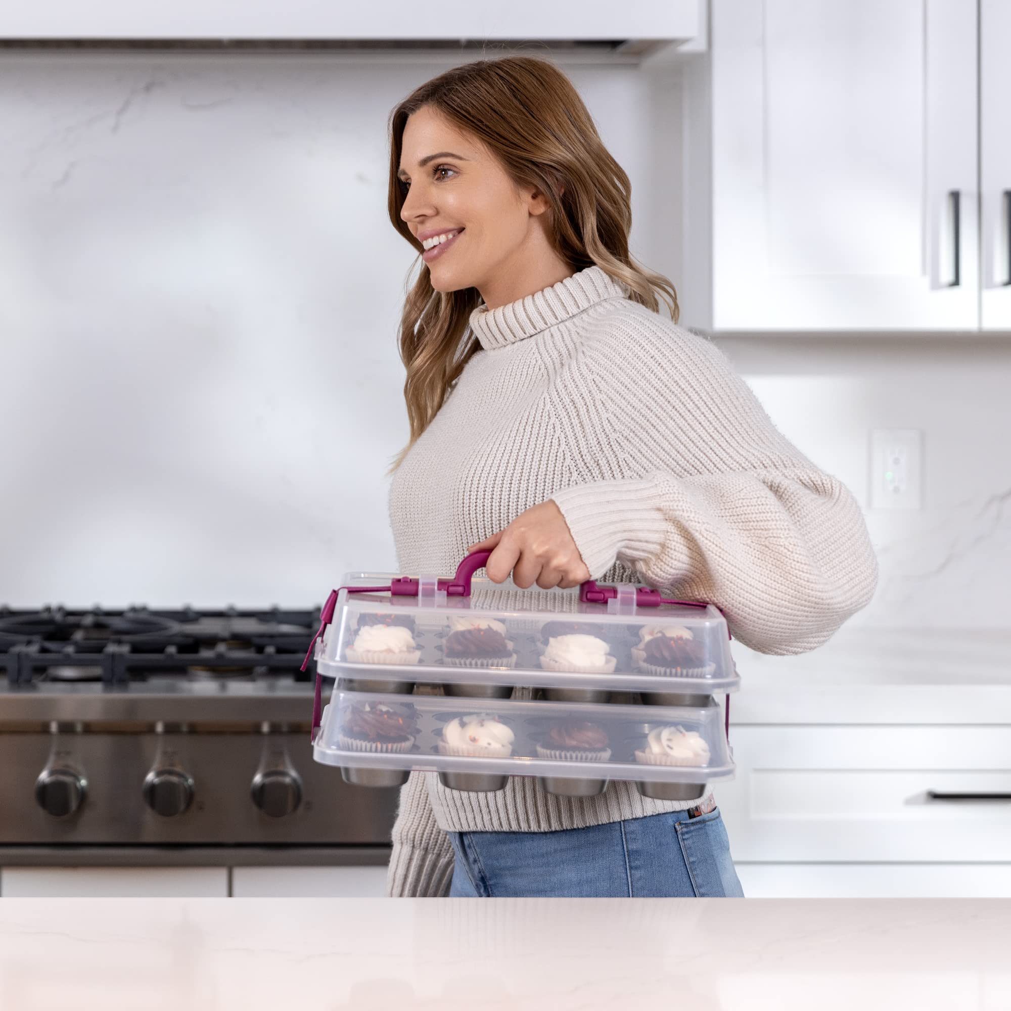 Kpkitchen Cupcake Carrier For 24 Cupcakes - Innovative Cupcake Holder Includes 2 Cupcake Pans With Lid And Handle - Cupcake Trav