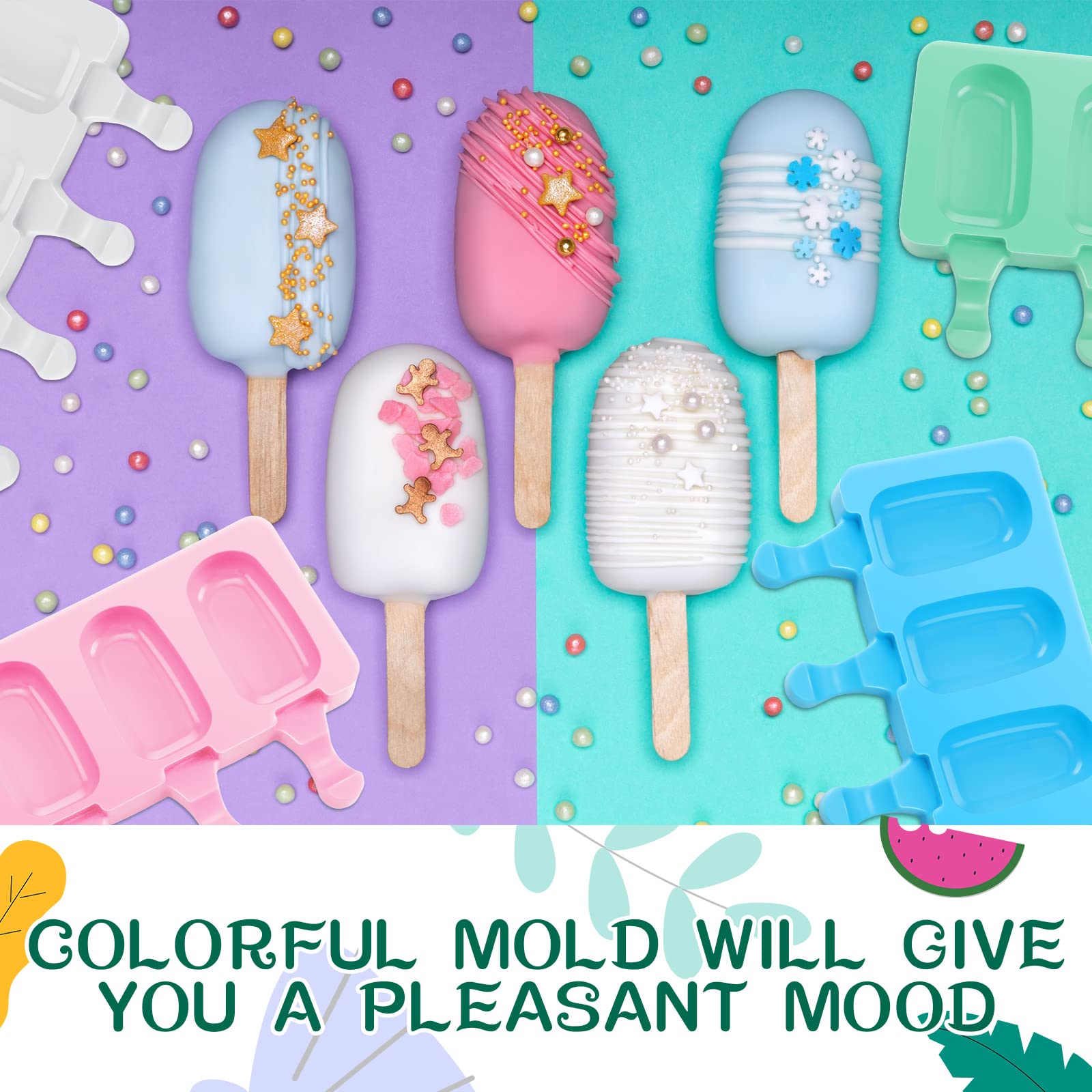 Irenare 12 Pcs Cakesicle Molds Set, 4 Cavities Ice Pop Mold Silicone Cake Pop Mold Ice Cream Molds Oval With 400 Wooden Sticks F