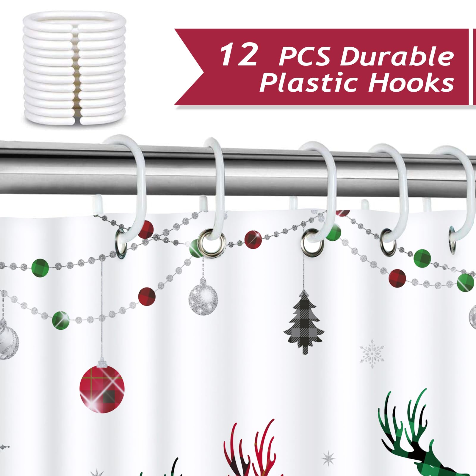 Bonhause Merry Christmas Shower Curtain Red And Green Check Plaid Santa Claus Sleigh Reindeer Decorative Bath Curtain 72 X 72 In