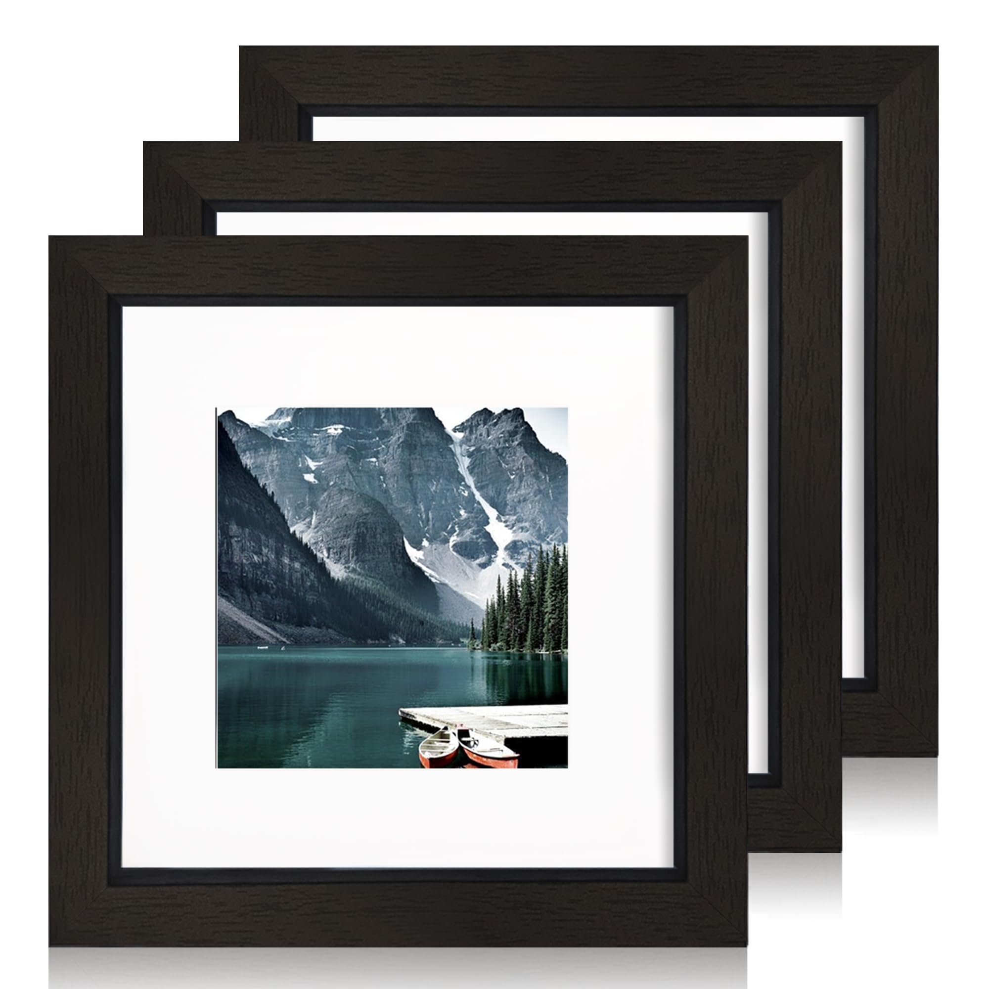 Hongkee 6x6 Black Picture Frames set of 3, Made of Wooden and Real Glass Square Photo frame - Displays 4x4 Picture With Mat or 6