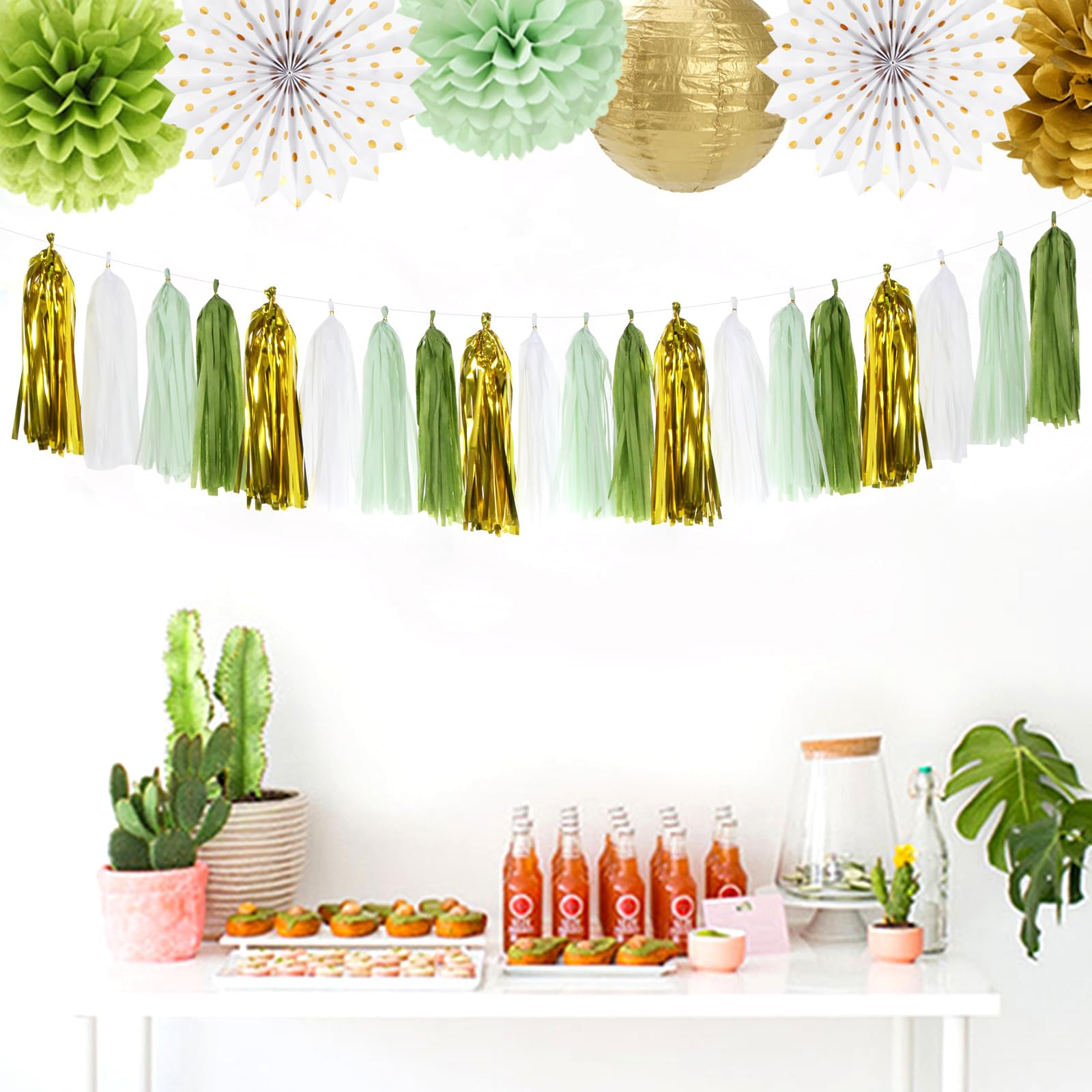 Sage-Olive Green Gold Party-Decorations Tassel-Garland - 20pcs Rustic Wedding Baby Shower Tassels Banner Streamers, Birthday Bac