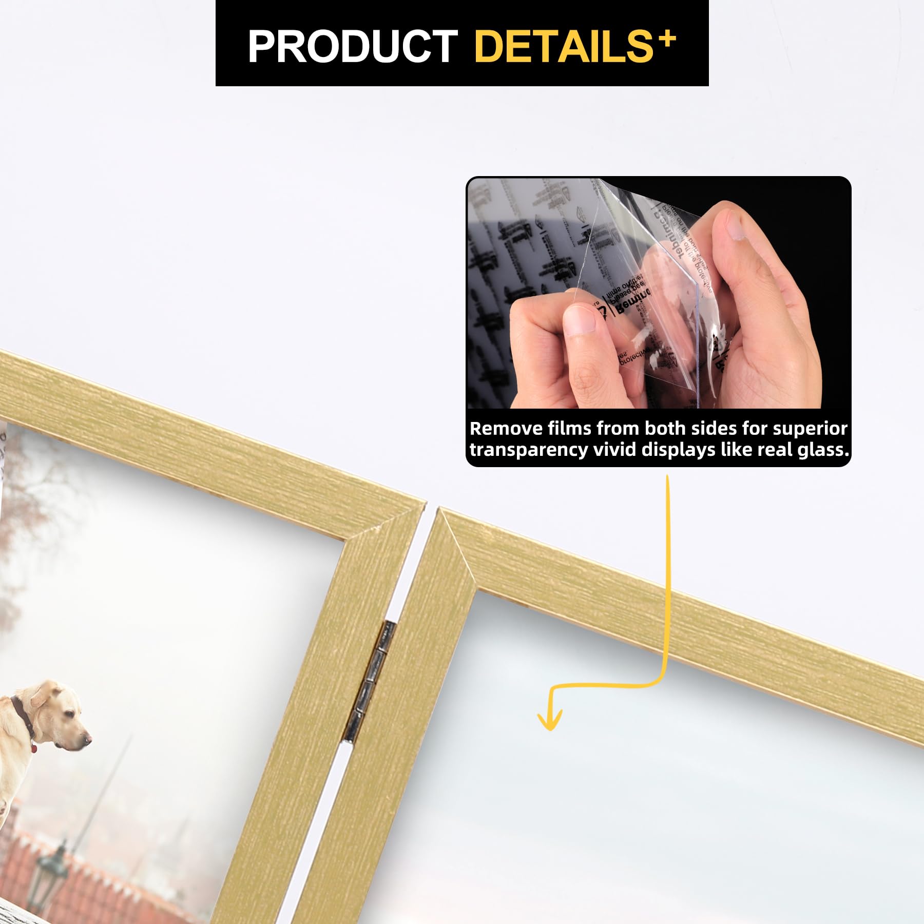 8x10 Double Picture Frame Wooden Hinged Photo Frame Definition Glass Stand Vertically on Desktop or Tabletop Gold