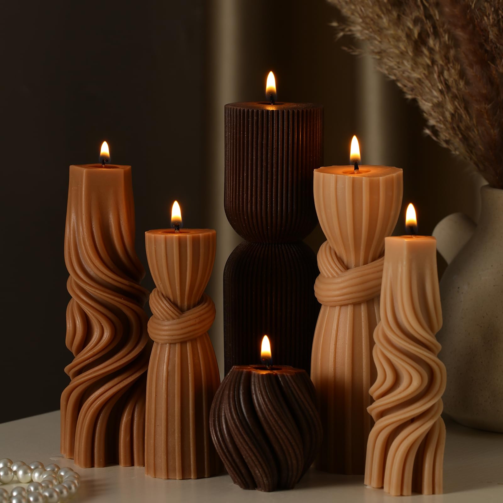 Threlaco 6 Pcs Pillar Candles Modern Aesthetic Ribbed Decorative Candle Set Cute Soy Wax Scented Ribbed Decor for Home(Brown,2.3