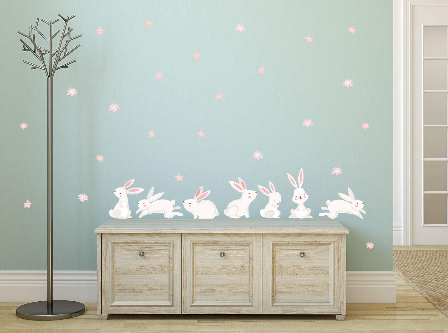 Sunny Decals Cute Bunny Rabbits And Flowers Removable Fabric Wall Stickers (Set Of 7 Bunnies And 24 Flowers, Multicolor)