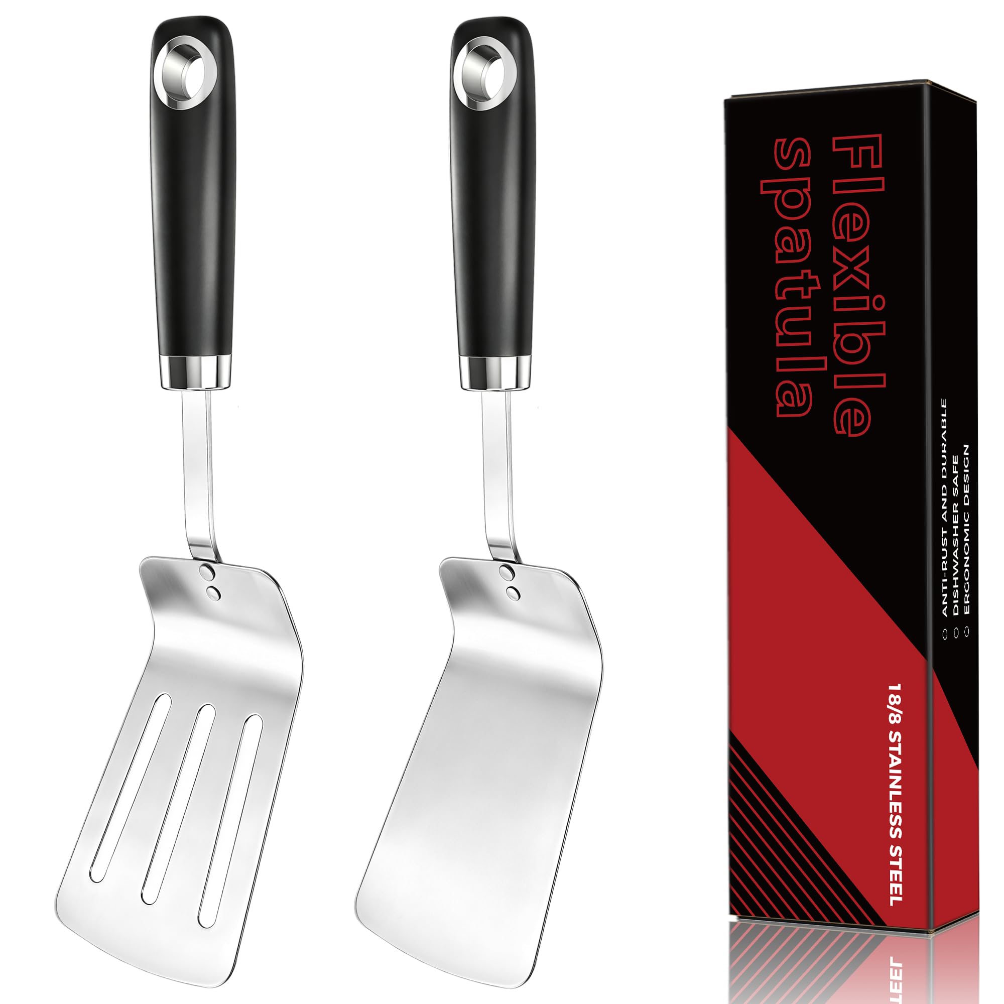 12.7in Flexible Spatula Set, 18/8 Stainless Steel, 3.5in Wide Turner & Slotted Spatula, Extra thin & NonSilp Handle, Kitchen 