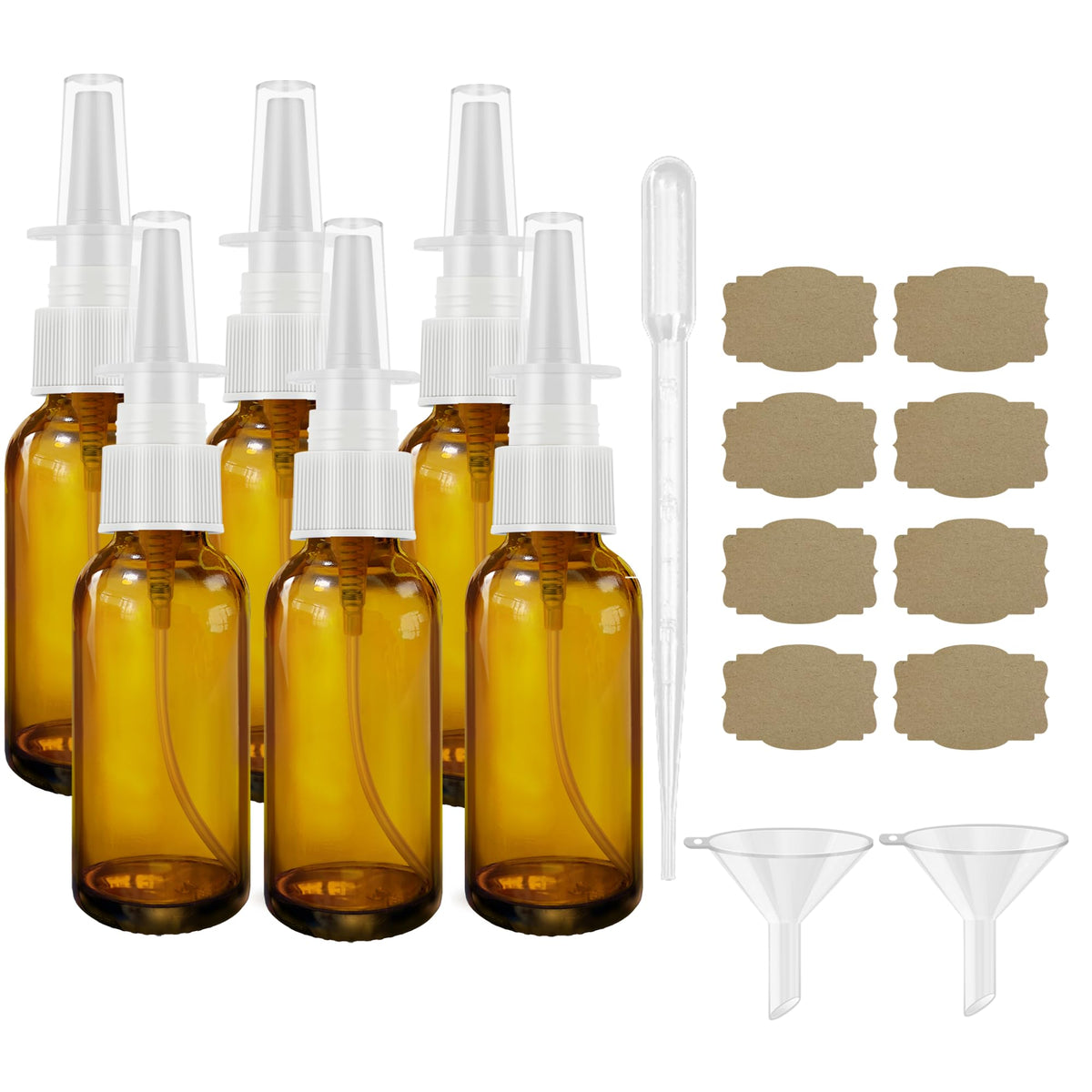Givameihf Nasal Spray Bottles 6Pcs1Oz (30Ml) With 2*Funnel,1*Dropper, 8*Label,Empty Nasal Spray Bottle,Amber Glass Nasal Spray B