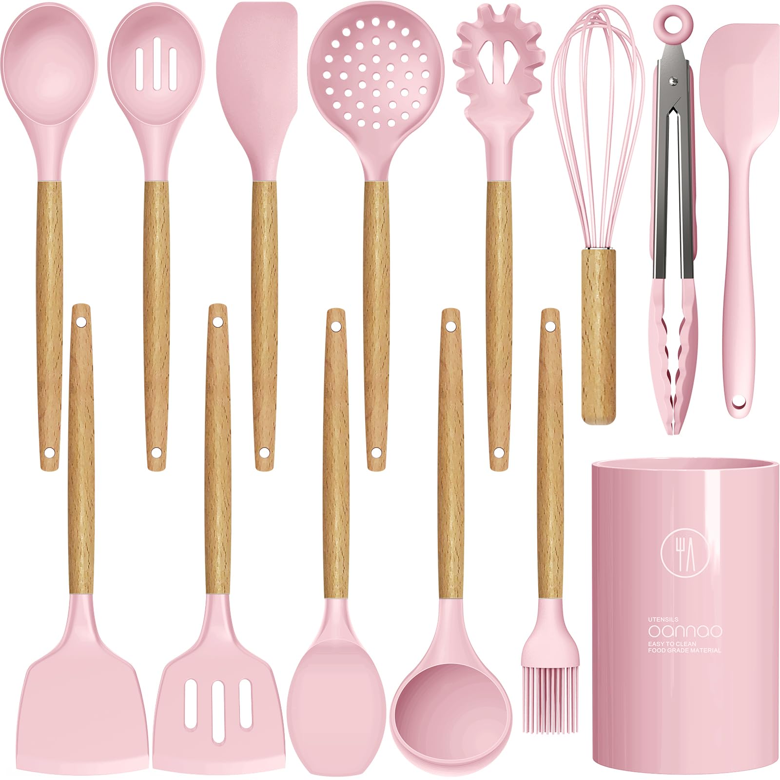 Silicone Kitchen Utensils Set - 446F Heat Resistant Cooking Utensil Sets, Spatula,Turner,Tongs,Spoon,Brush,Whisk, Wooden Handle