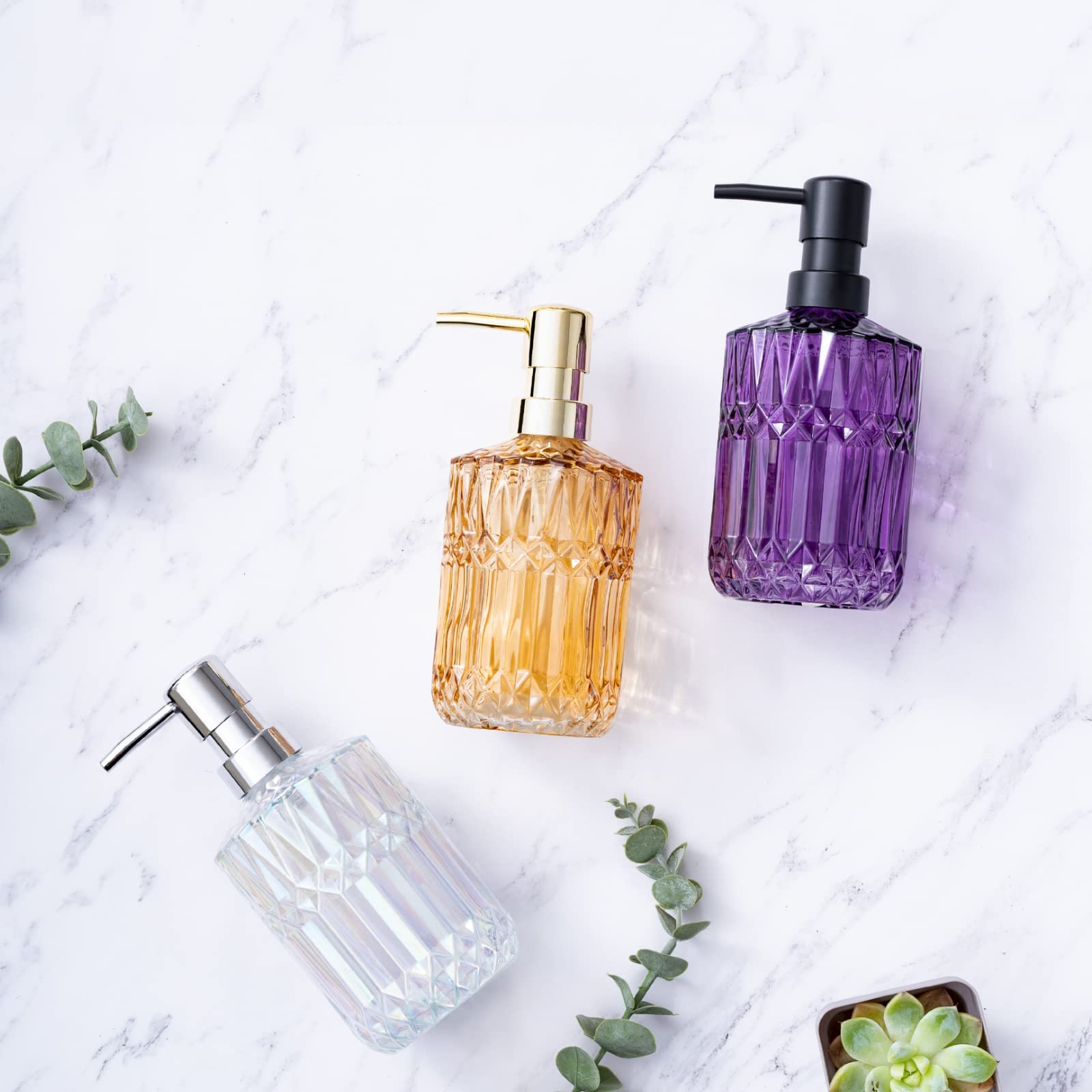 Tisuzxcv Diamond Design 12 Oz Purple Glass Soap Dispenser,Refillable Lotion Soap Dispenser For Bathroom, Kitchen, Hand Soap, Dis