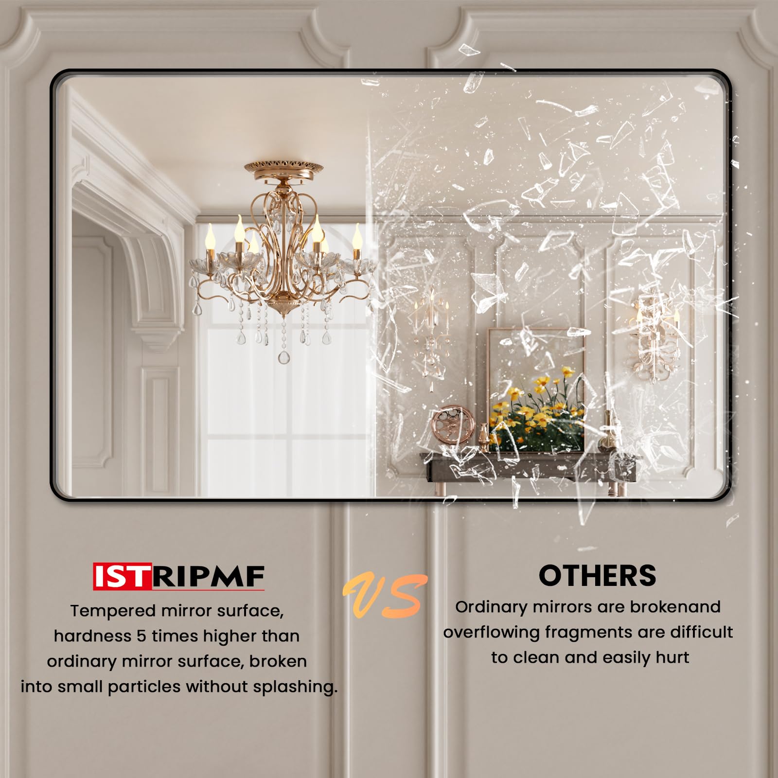 Istripmf 48X30 Inch Black Bthroom Mirror,Black Metal Frame Vanity Mirror,Rounded Rectangular Matte Black Wall Mirrors,Tempered G