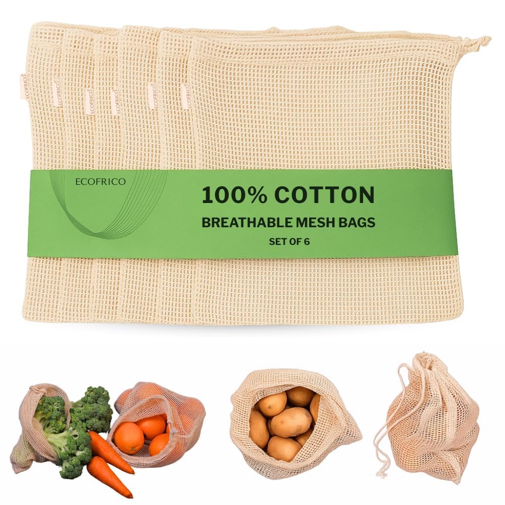 Gopinathecom Vegetable Bag For Fridge 100 Percent Cotton Mesh Storage Bags Set Of 6 | Reusable Net Bags For Fruits And Vegetable