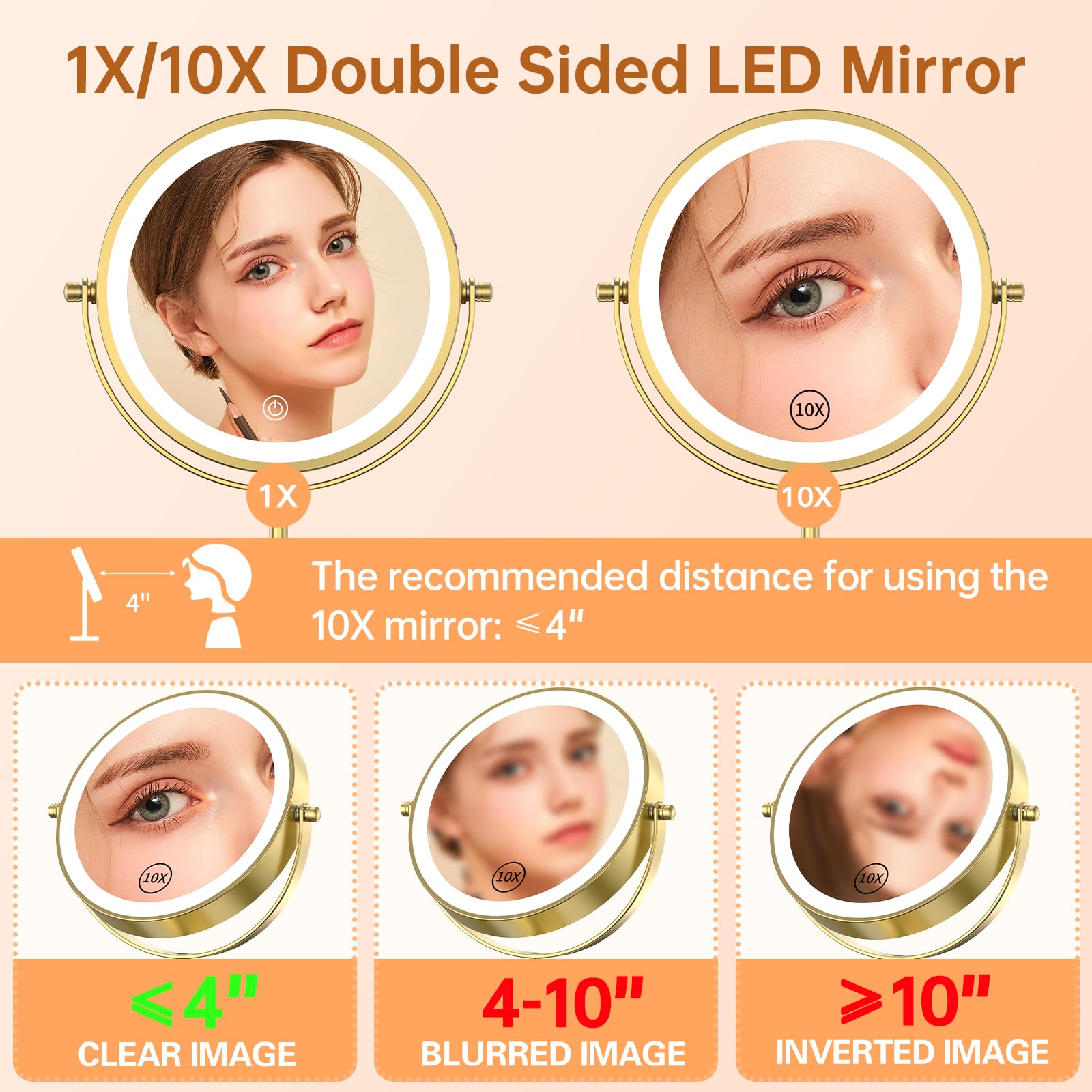 Gospire 7'' Lighted Makeup Mirror With Magnification 10X/1X, Height Adjustable & 3 Color Dimmable Lights, 360 Swivel Double Side