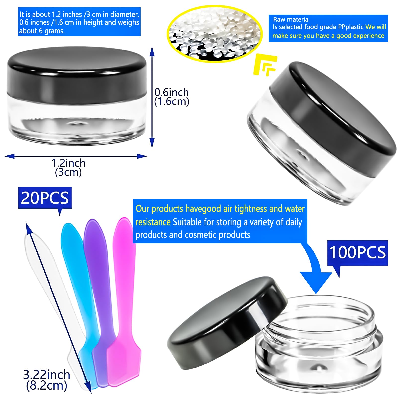 Motbach 100 Pcs 5G Empty Plastic Containers With Black Lids,Mini Makeup Sample Containers, Small Sample Pot Jars Round Cosmetic