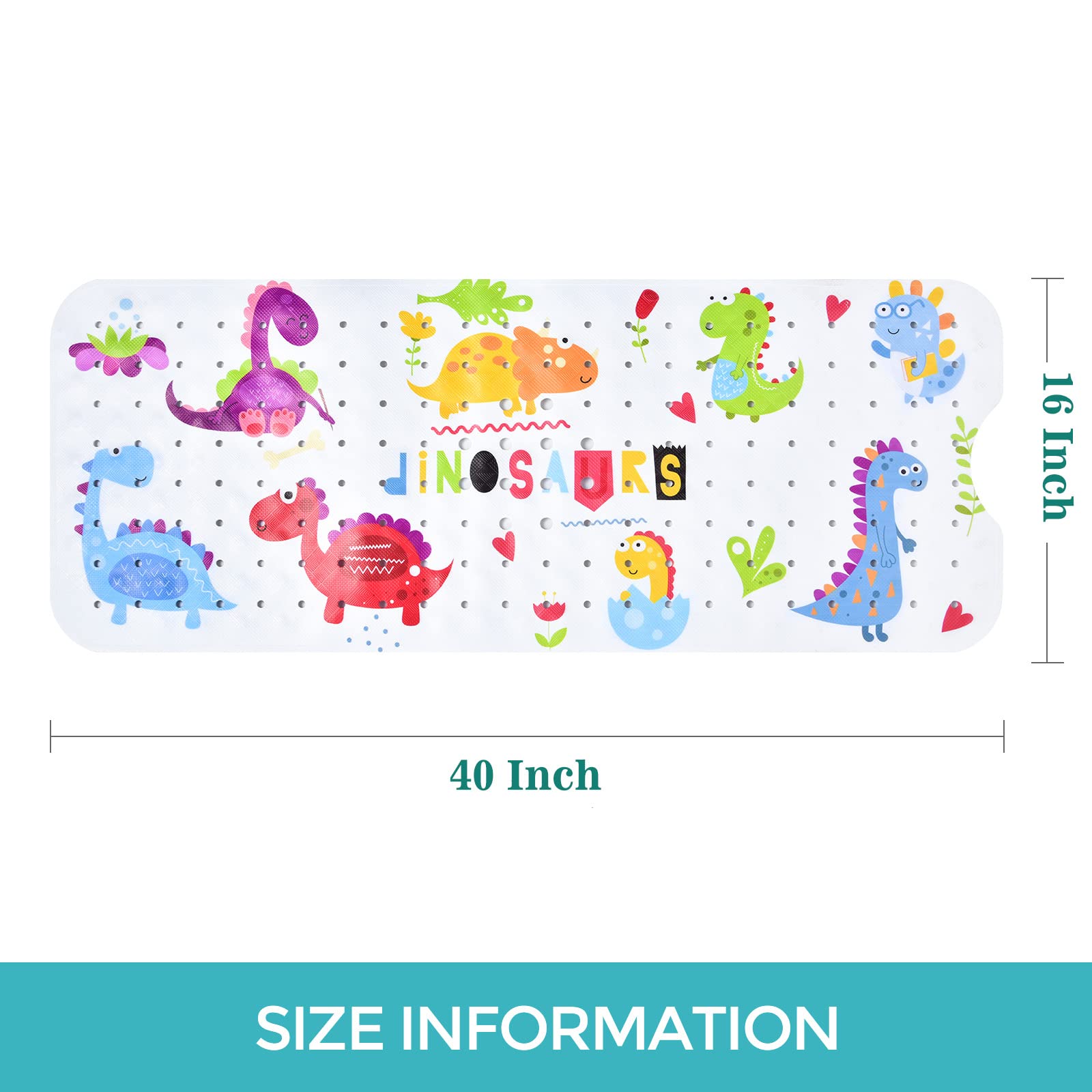 Tubozadi Bath Mat for Tub for Kids Dinosaur Non Slip Bathtub Mat for Baby Toddler 40X16 Inch Long Anti Skid Bathroom Shower Mat with Suction Cups & Drain Holes
