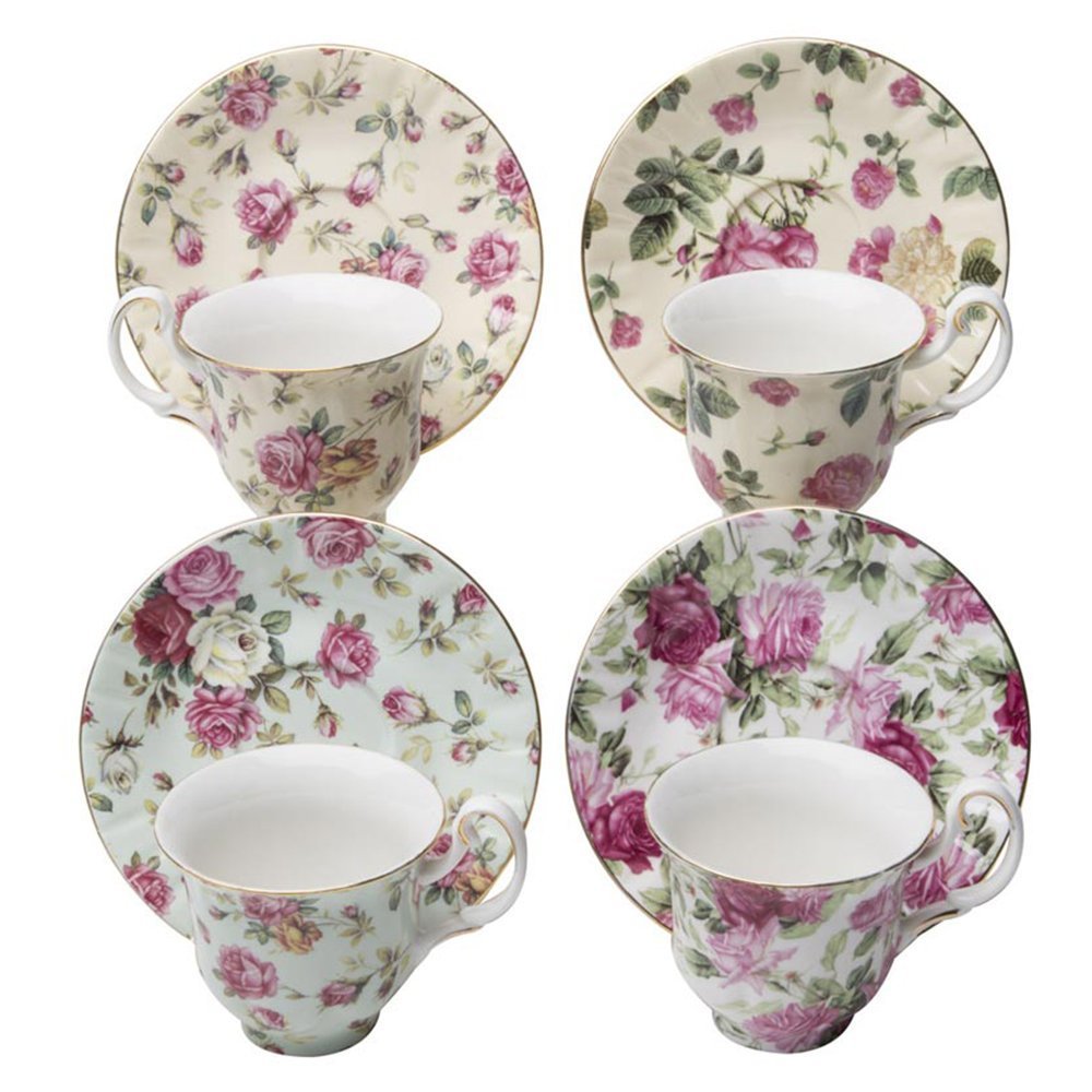 Gracie China Rose Chintz Porcelain 3-Ounce Small Petite Espresso/Demitasse Cup And Saucer With Gold Trim Set Of 4