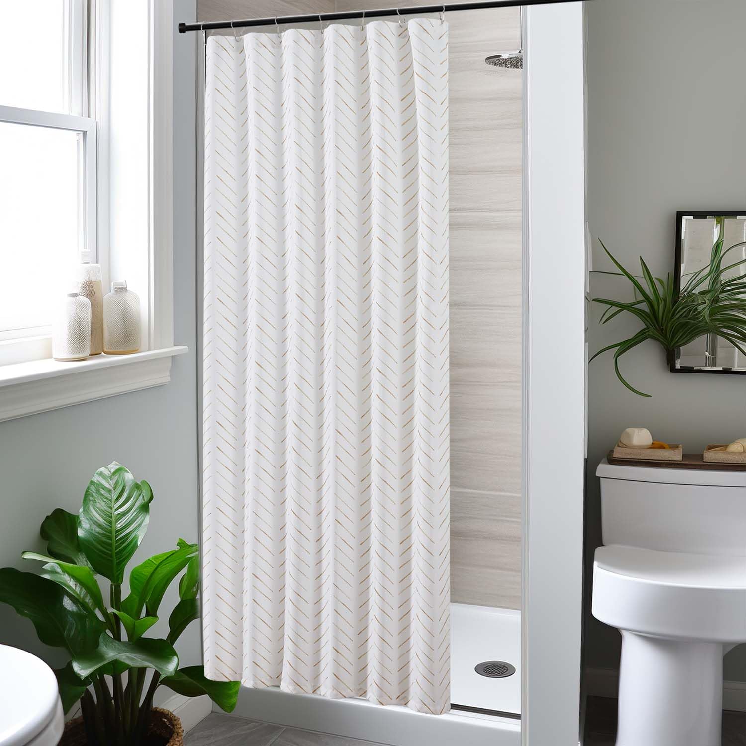 Jinchan Small Stall Shower Curtain 36X72 Inches Taupe And White Herringbone Waterproof Fabric Shower Curtains For Bathroom Zigza