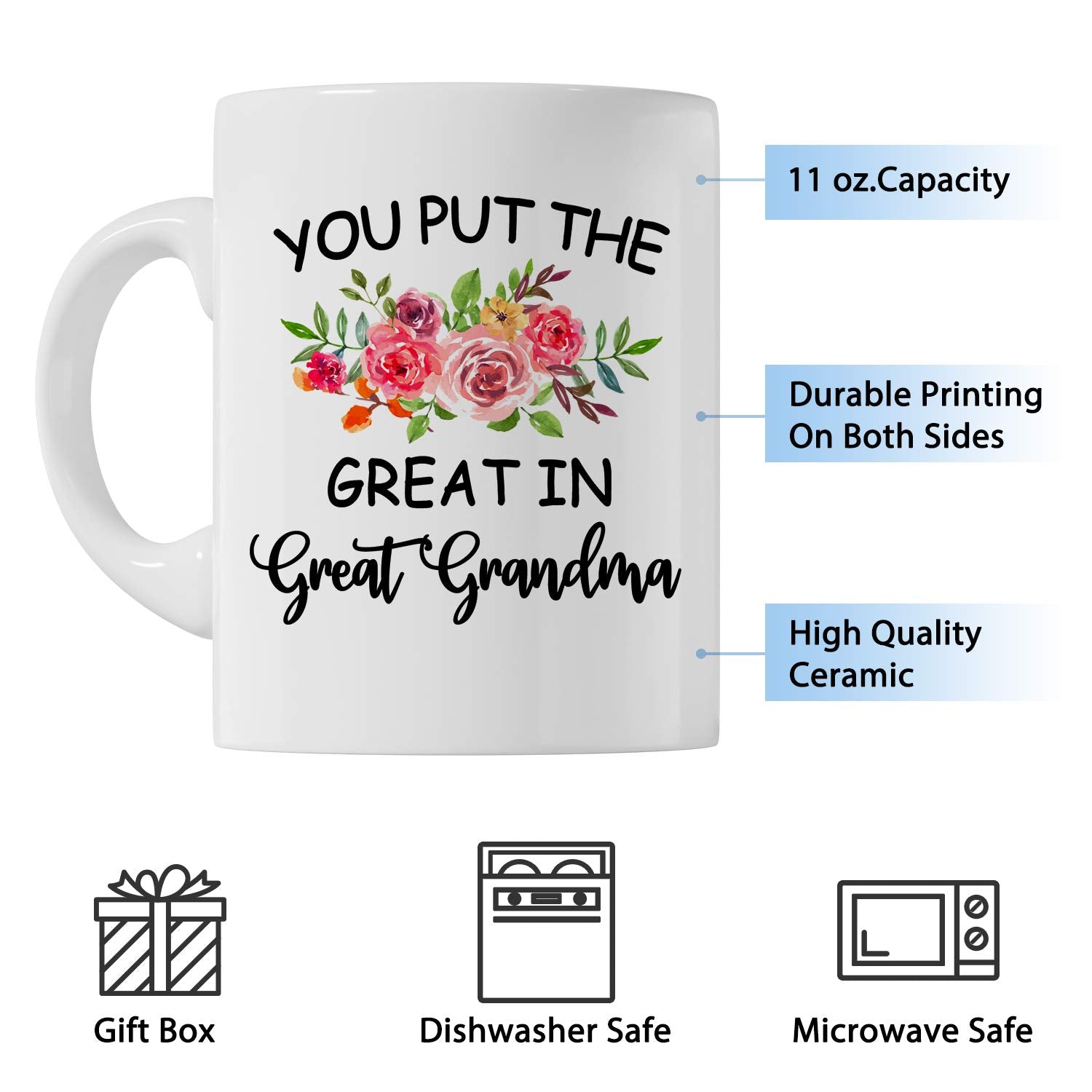 Greatingreat retire you put the great in great grandma cup-Christmas Gifts Grandma Coffee Mug from Granddaughter Grandson  Birthday Gifts Idea for Grandma Grandmother Cup White  11 Oz