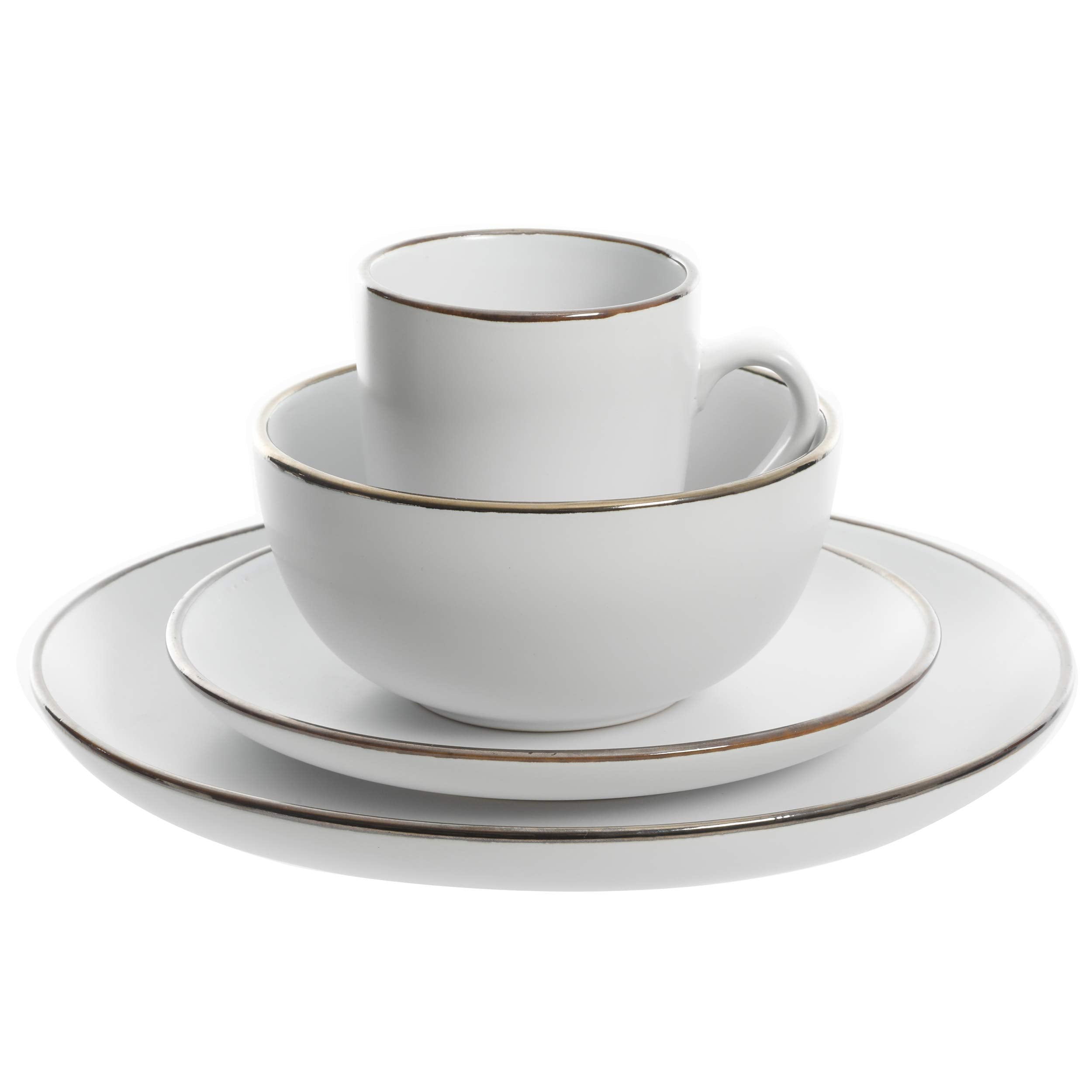 Gibson Home Rockaway Round Stoneware Dinnerware Set, Service for 4 (16pcs), Matte White/Metallic Rim