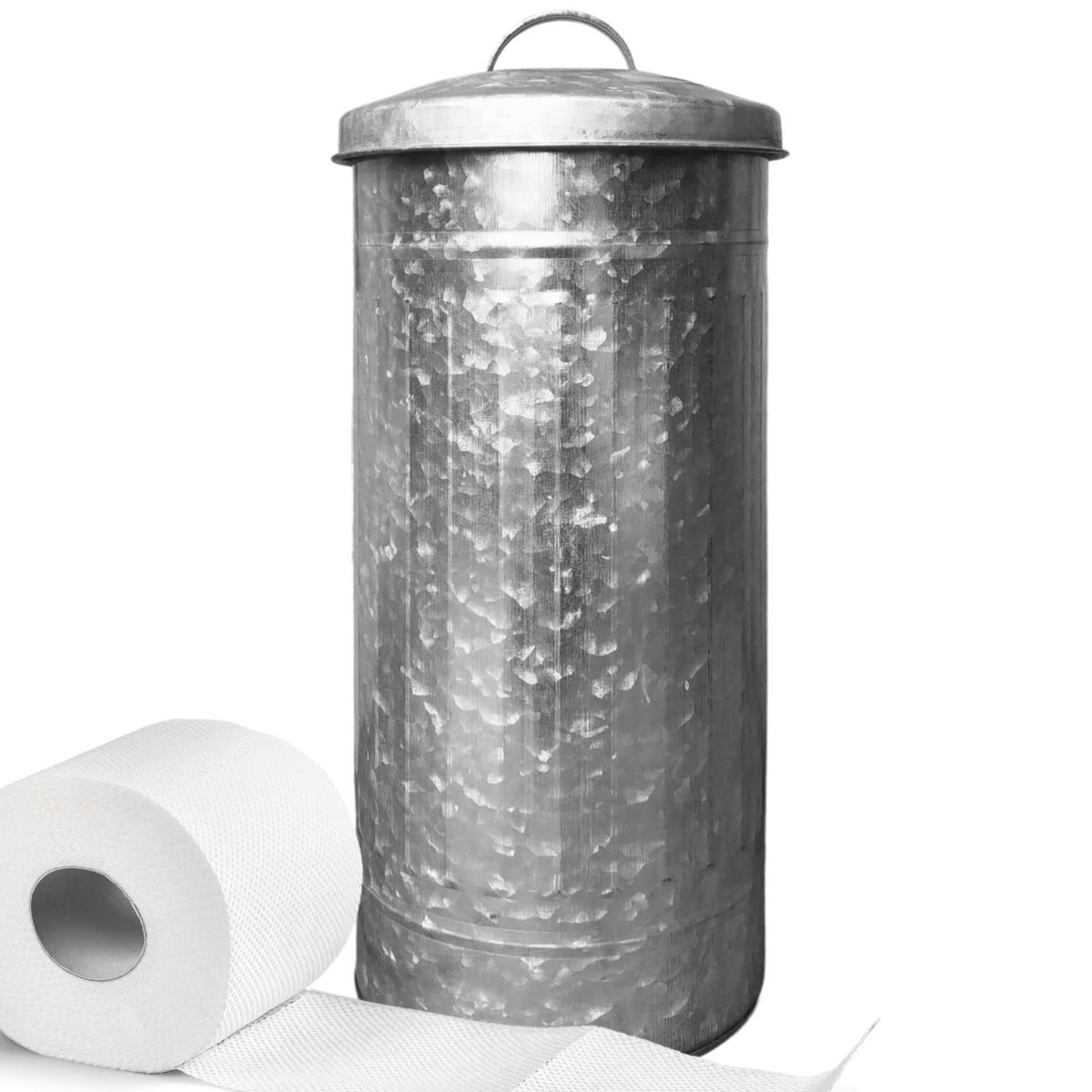 Autumn Alley Farmhouse Galvanized Metal Free Standing Toilet Paper Holder Organizer Stand Canister With Lid - Fits 3 Mega Rolls,